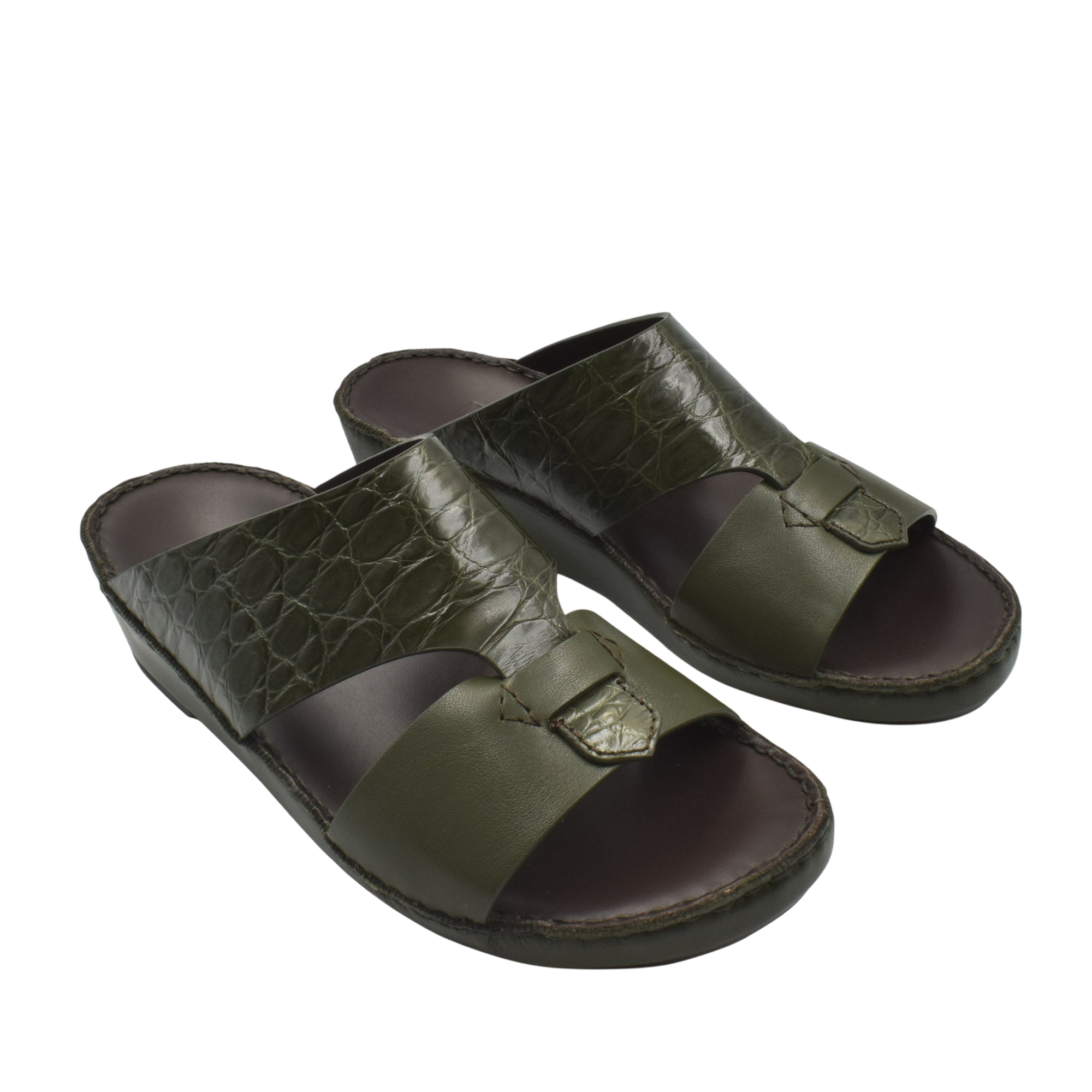 Private Collection luxury croco leather sandals in dark green with open toe and comfortable sole