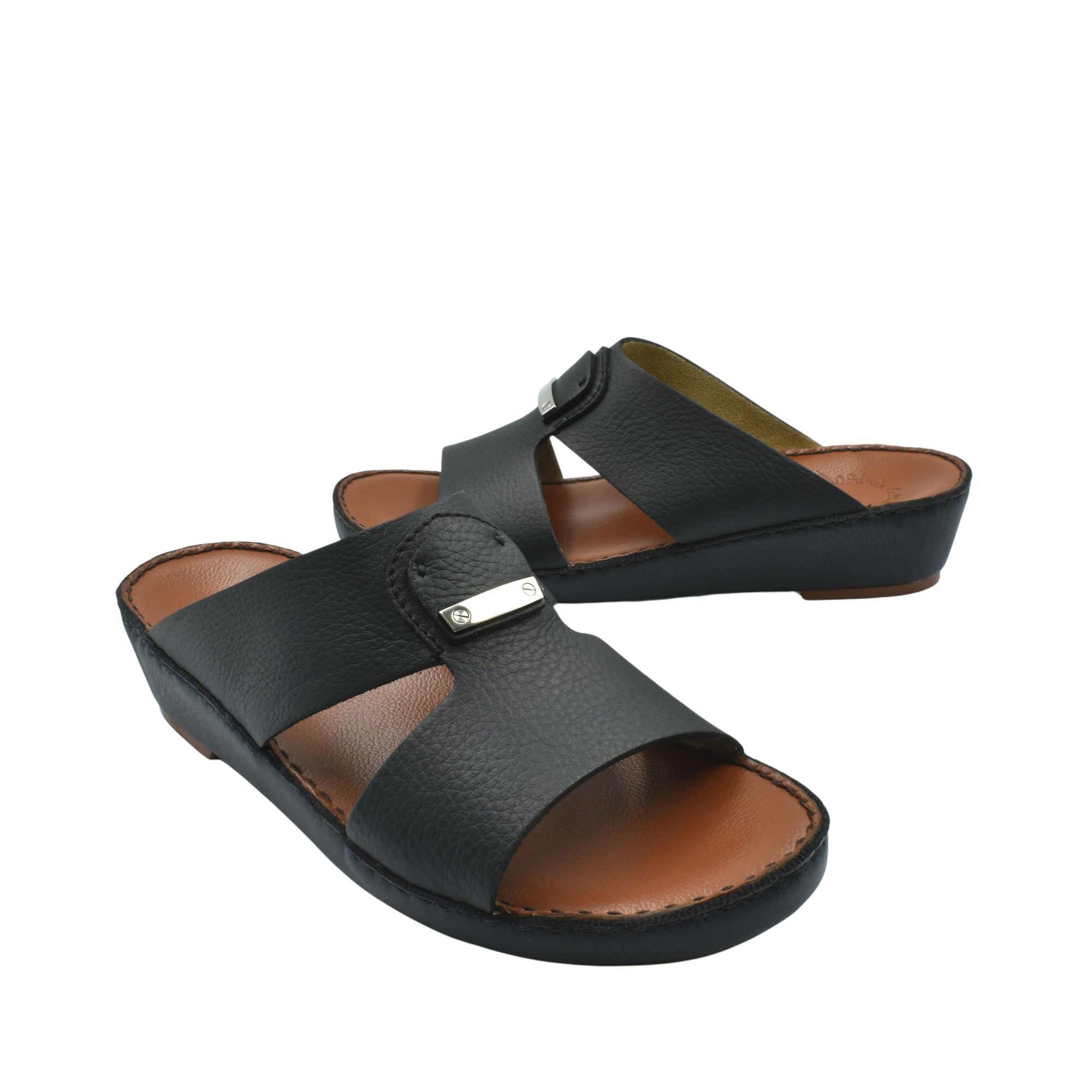 Black luxury deercalf sandals with cushioned brown footbed and adjustable strap from Private Collection