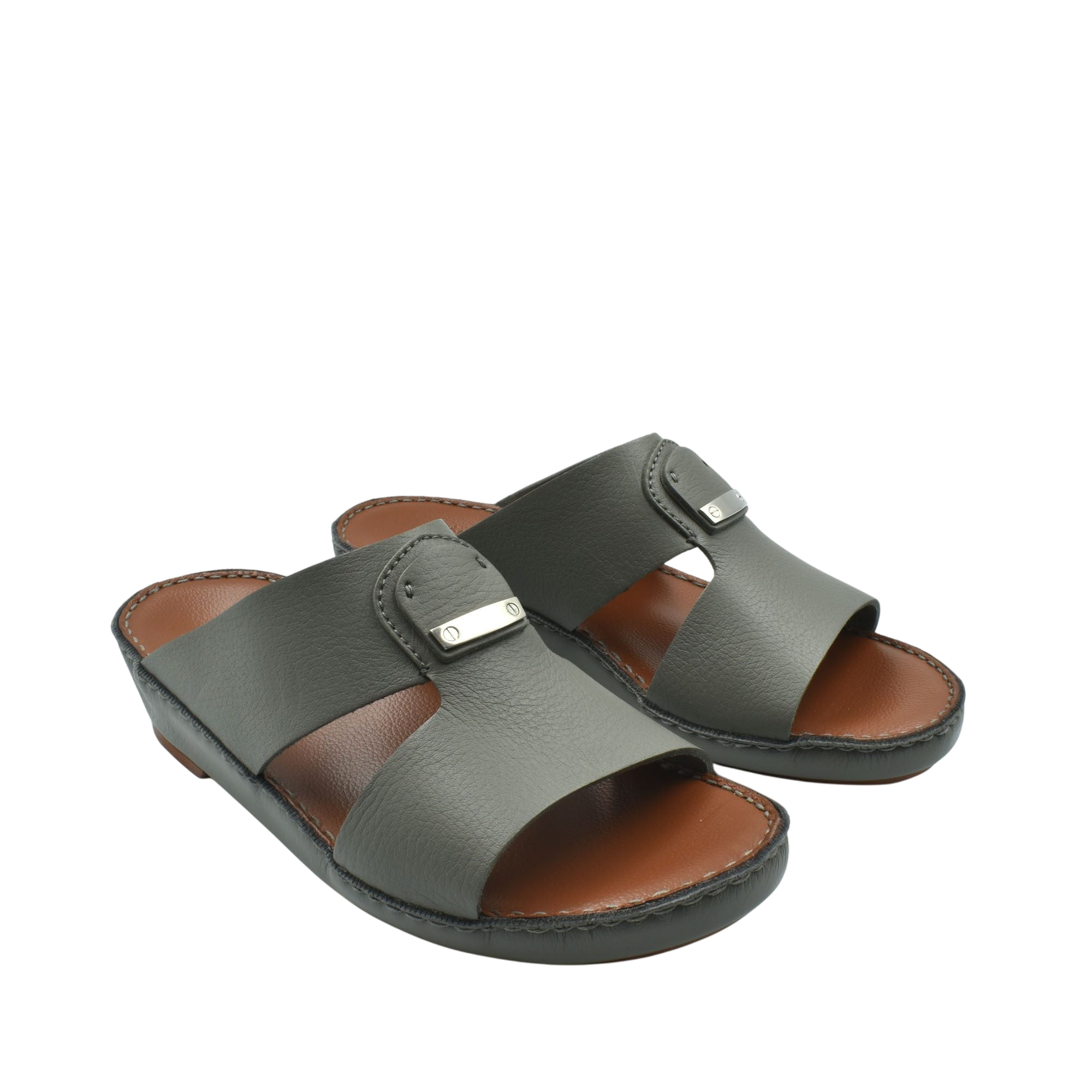 Luxury deercalf sandals in gray with open toe and brown cushioned insole for comfortable wear