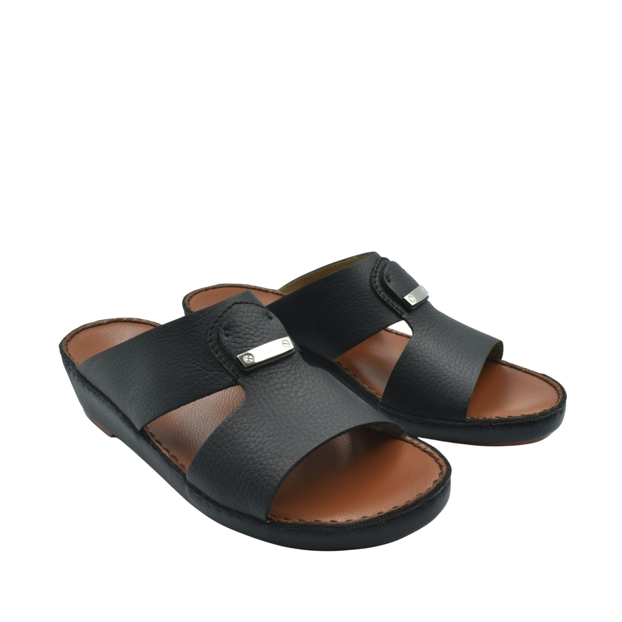 Black luxury deercalf sandals with cushioned brown insoles and adjustable strap from private collection