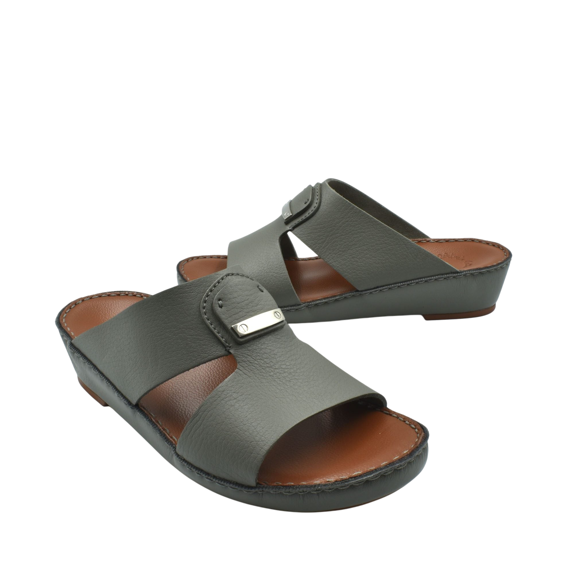 Luxury deercalf sandals in gray with open toe and cushioned brown sole from private collection