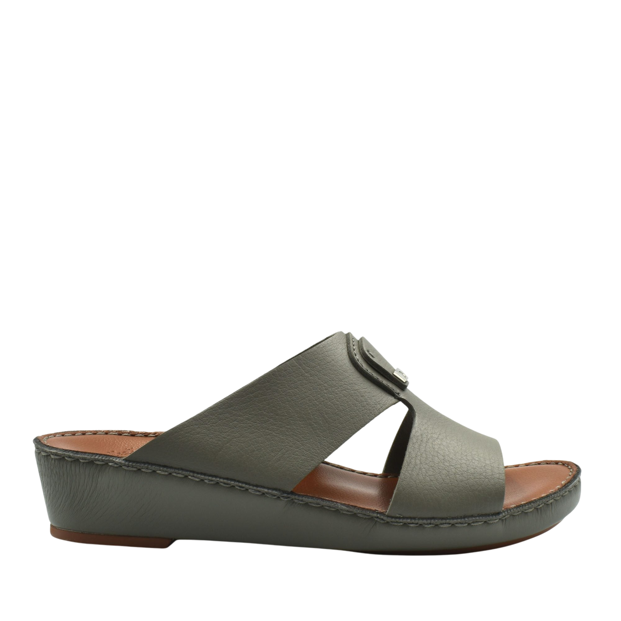 Side view of luxury deercalf sandals in muted green with cushioned sole and open toe design