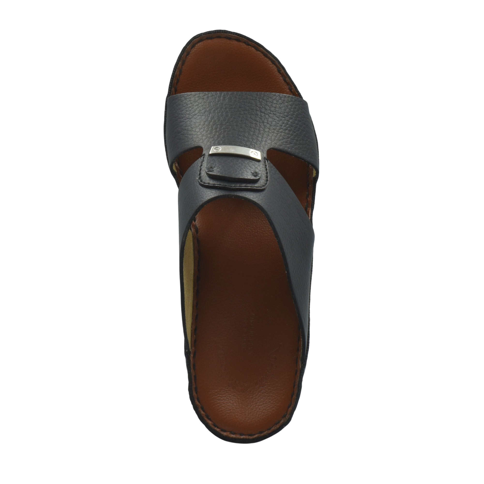 Top view of luxury deercalf sandals in black with brown sole and adjustable strap
