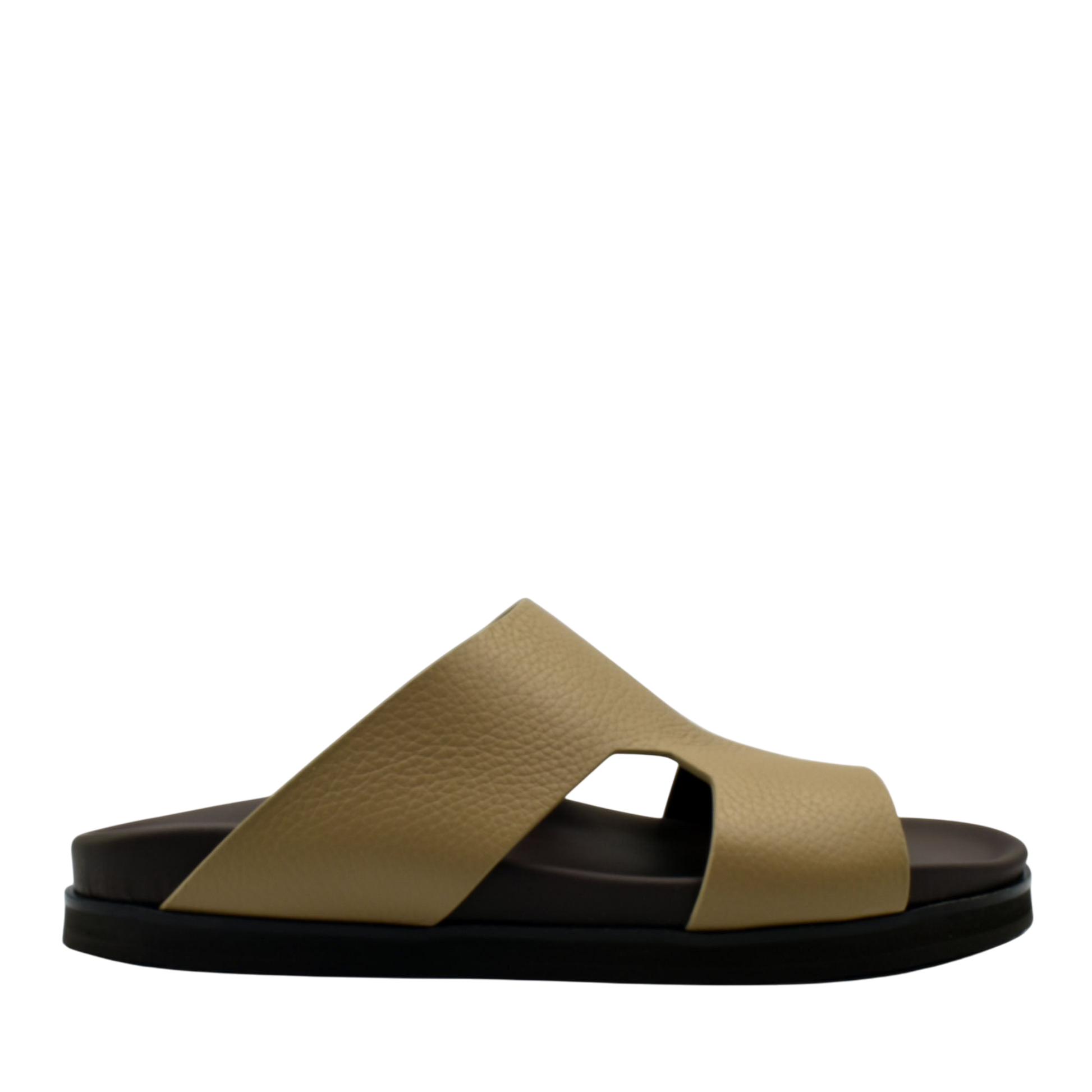 Beige and black luxury leather sandals with wide crisscross straps and textured finish