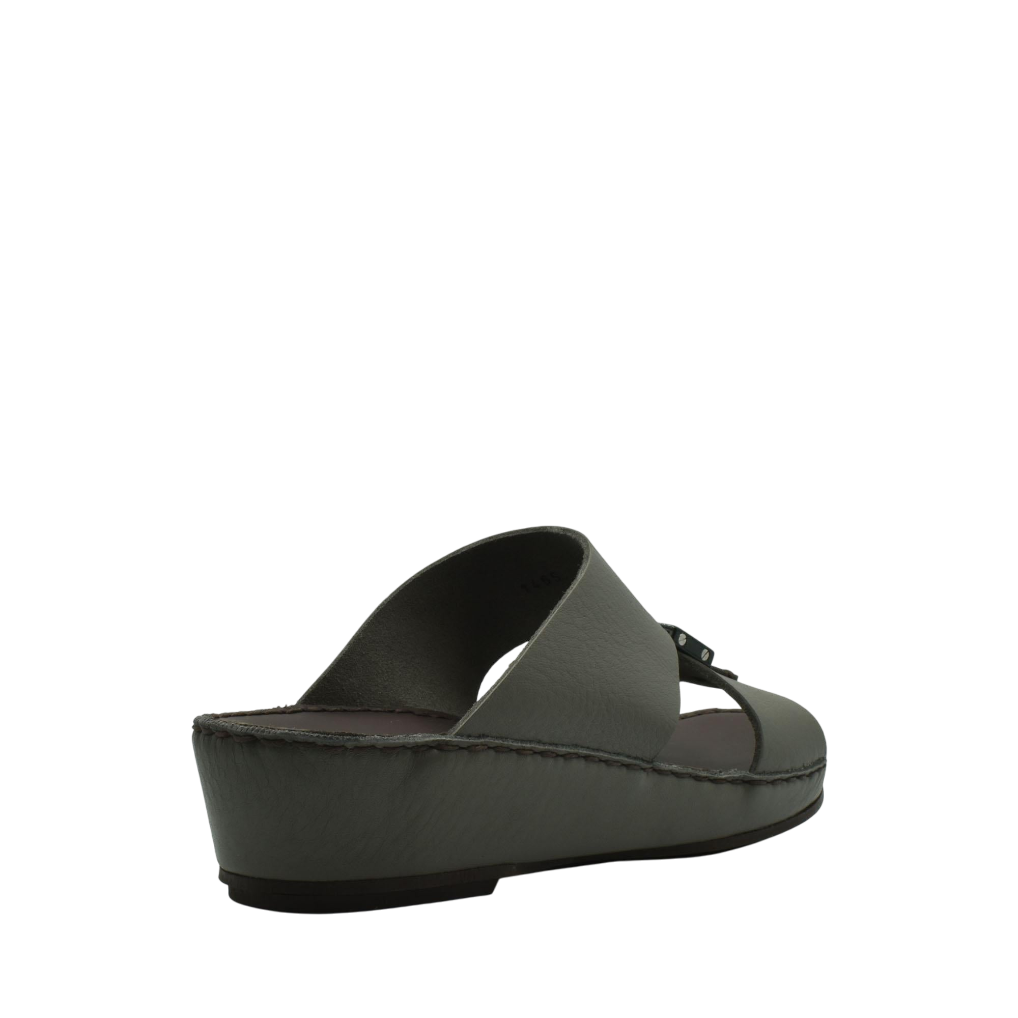 Gray platform luxury leather sandals with wide strap and adjustable buckle from private collection