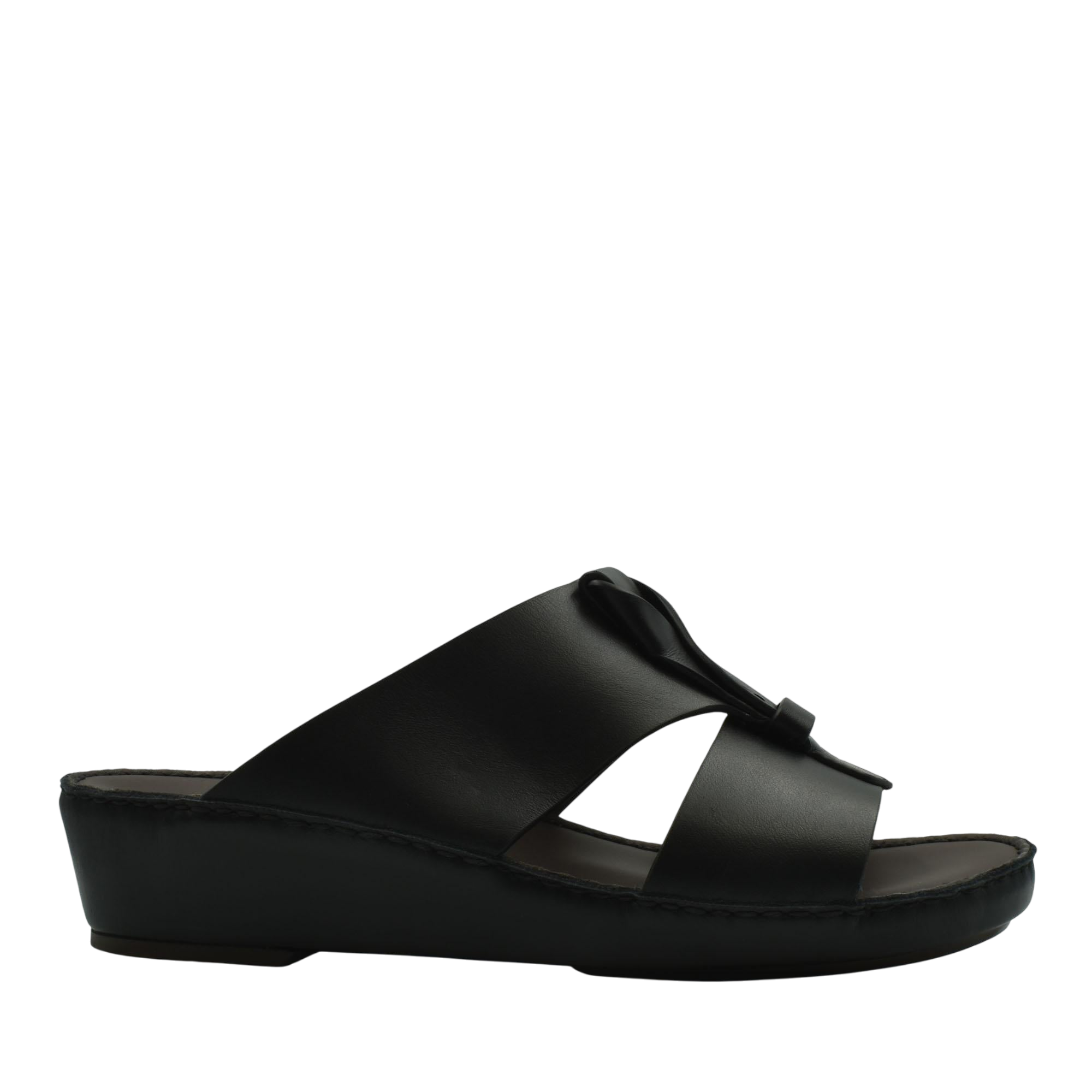 Black luxury leather sandals with a wedge sole and open toe design