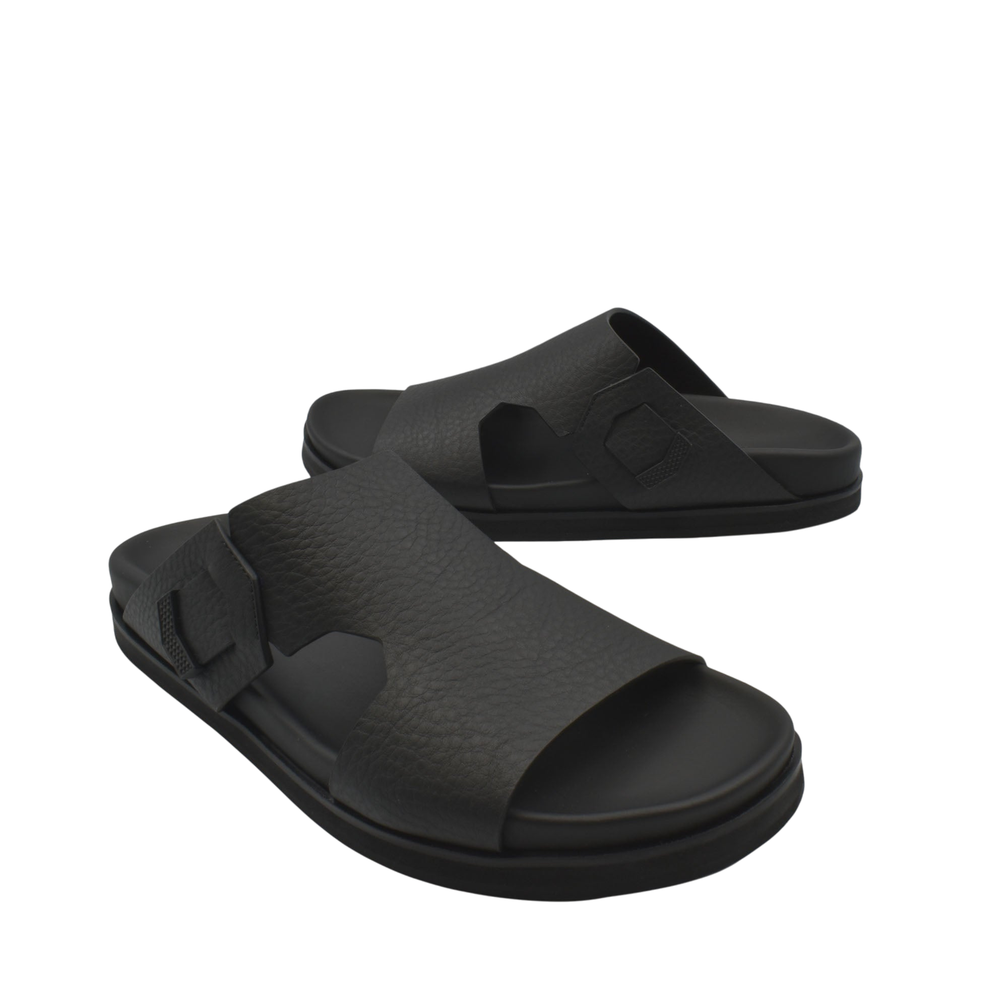 Pair of black luxury leather sandals with textured straps and cushioned soles