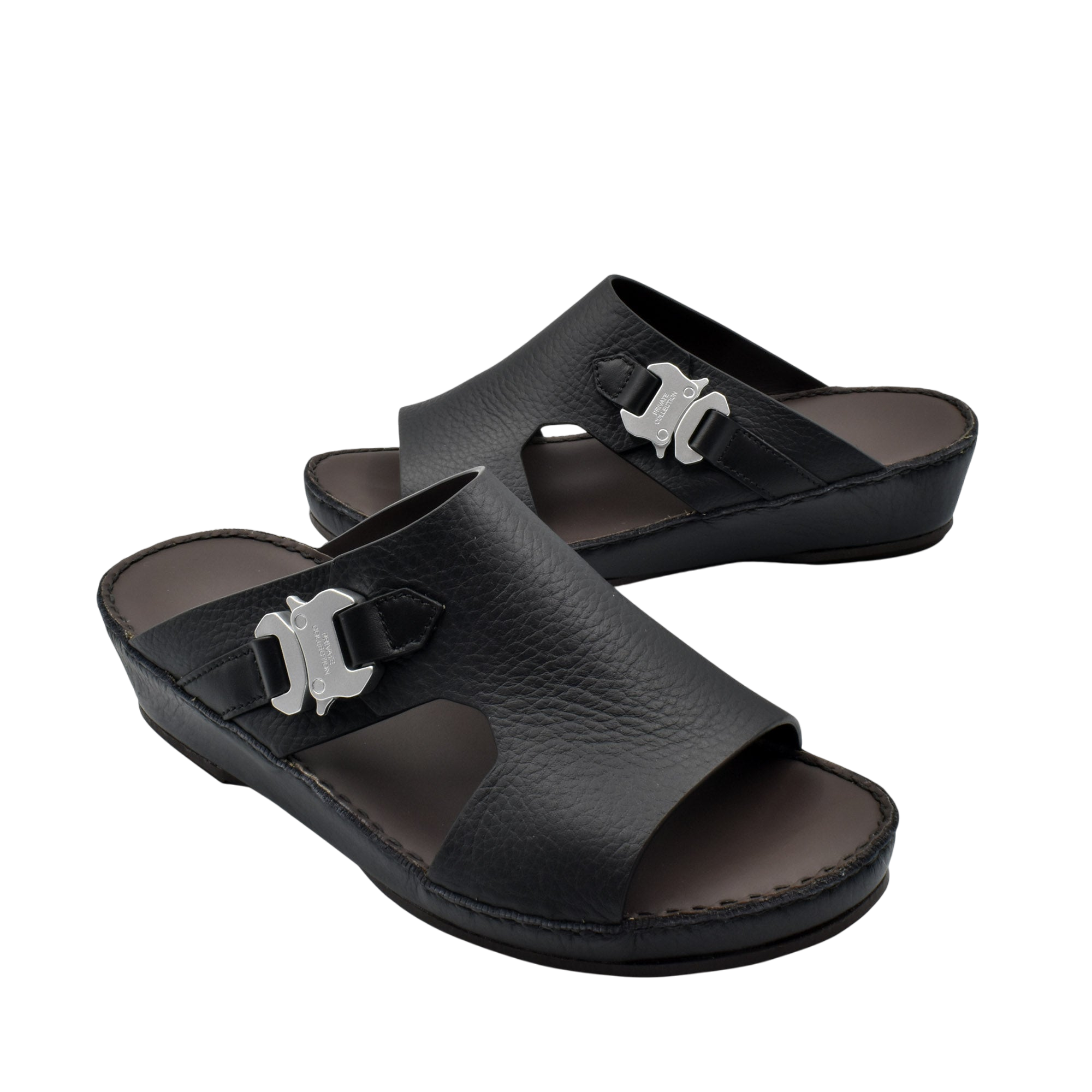 Private Collection black luxury leather sandals with silver buckle detail and cushioned sole