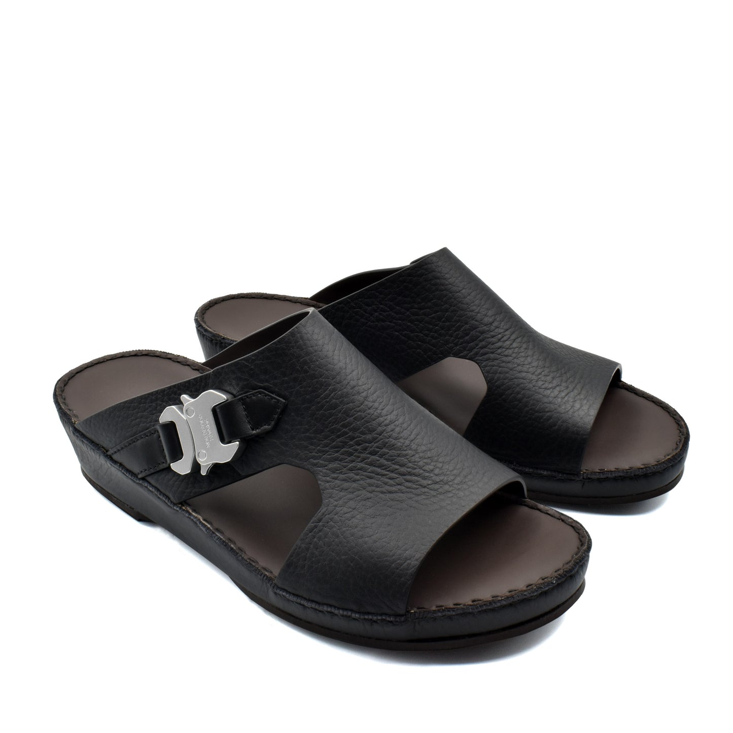 Private Collection luxury leather sandals in black with open toe and adjustable buckle strap