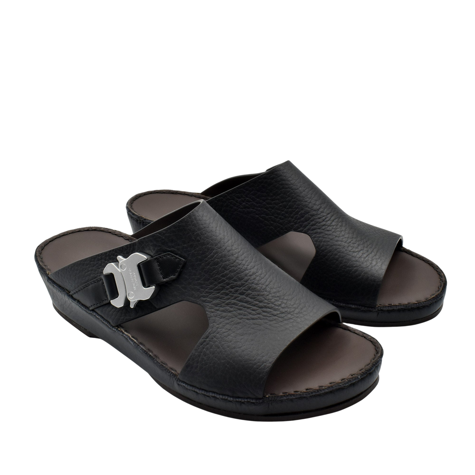 Private Collection luxury leather sandals in black with open toe and adjustable buckle strap