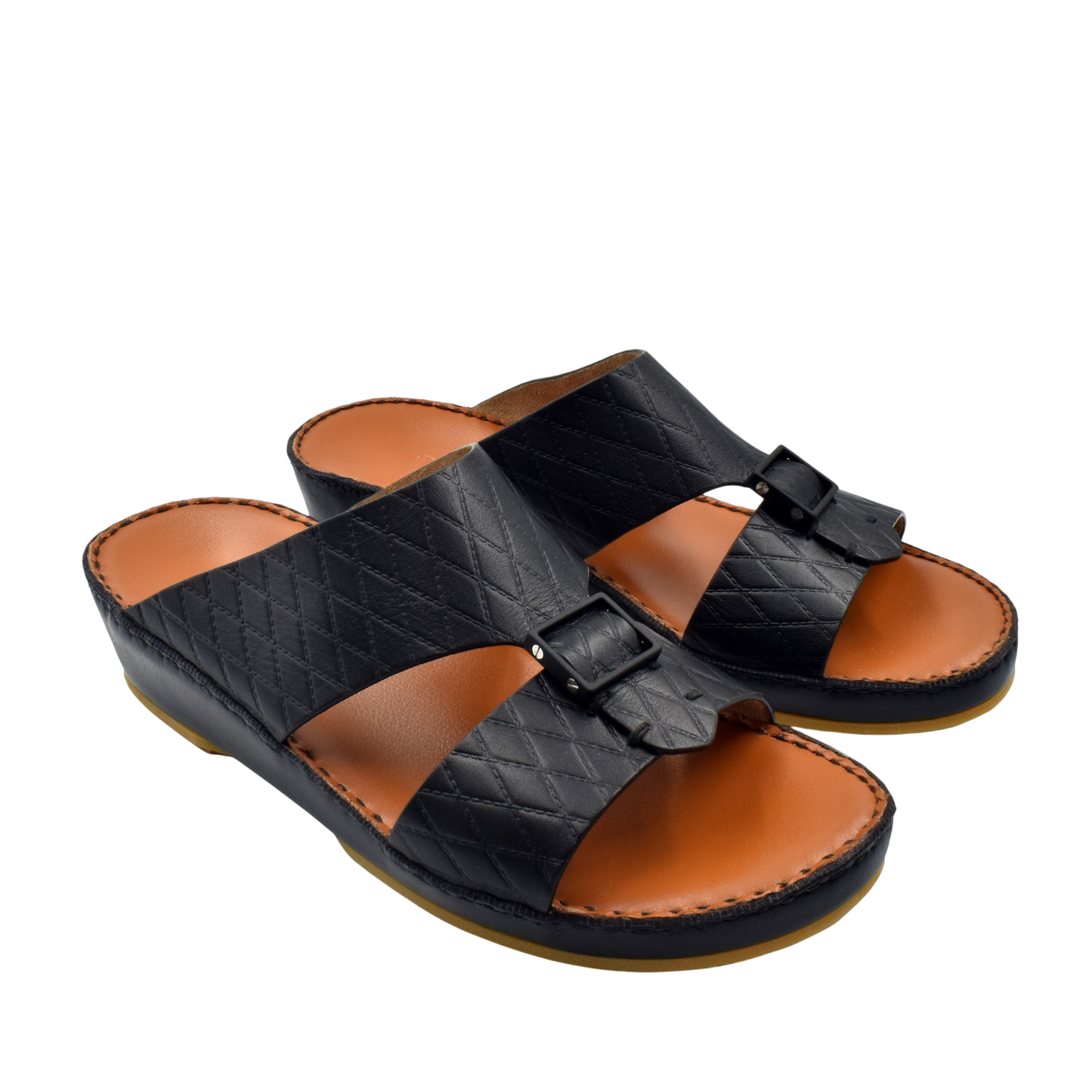 Private Collection black luxury leather sandals with quilted straps and adjustable buckle on tan sole