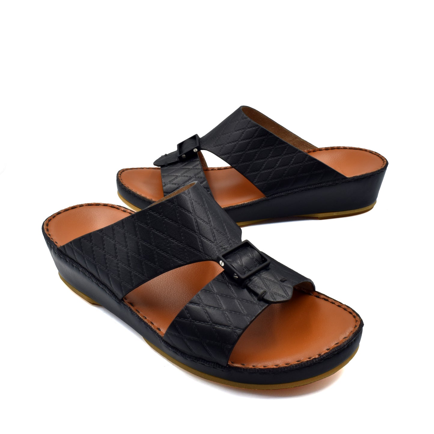 Private Collection luxury leather sandals in black with quilted design and adjustable buckle straps