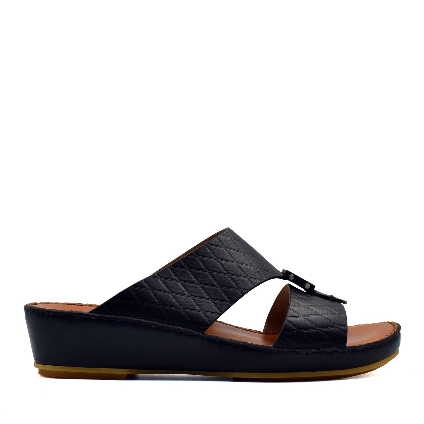 Private Collection black luxury leather sandals with quilted straps and wedge sole
