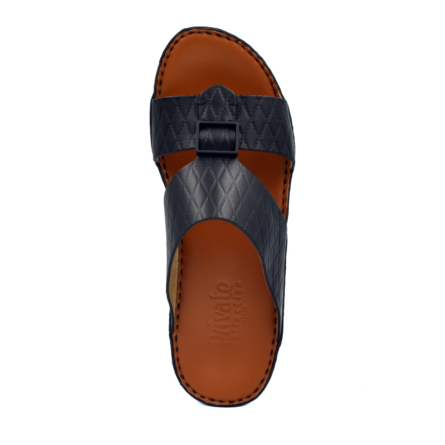 Private Collection luxury leather sandals in black with stitched brown sole and quilted straps