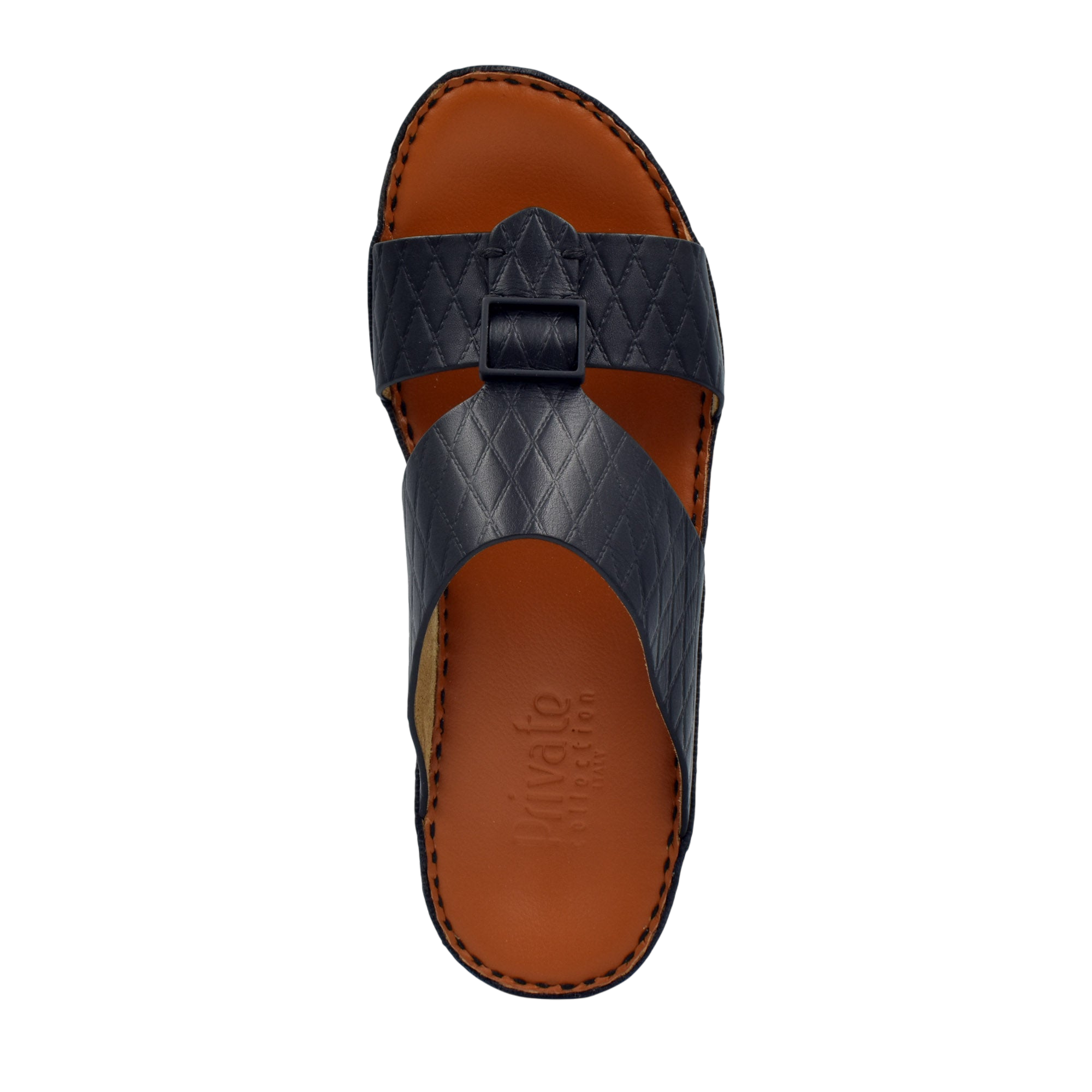 Private Collection luxury leather sandals in black with stitched brown sole and quilted straps