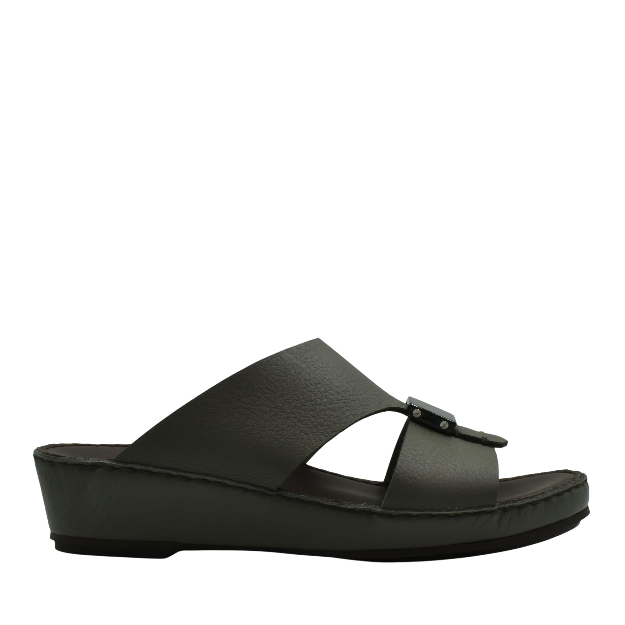 Black luxury leather sandals with a wedge heel and wide strap from Private Collection