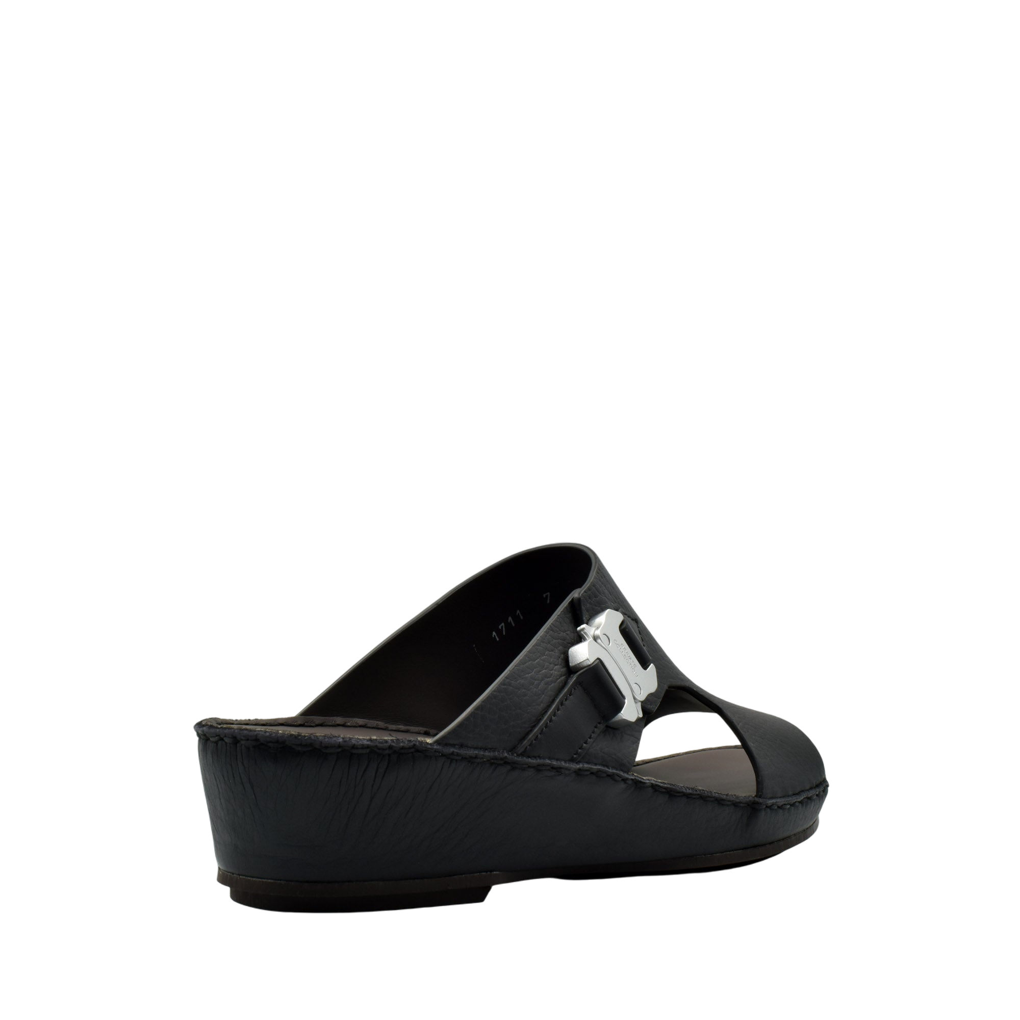 Private Collection black luxury leather sandals with wedge sole and silver buckle detail