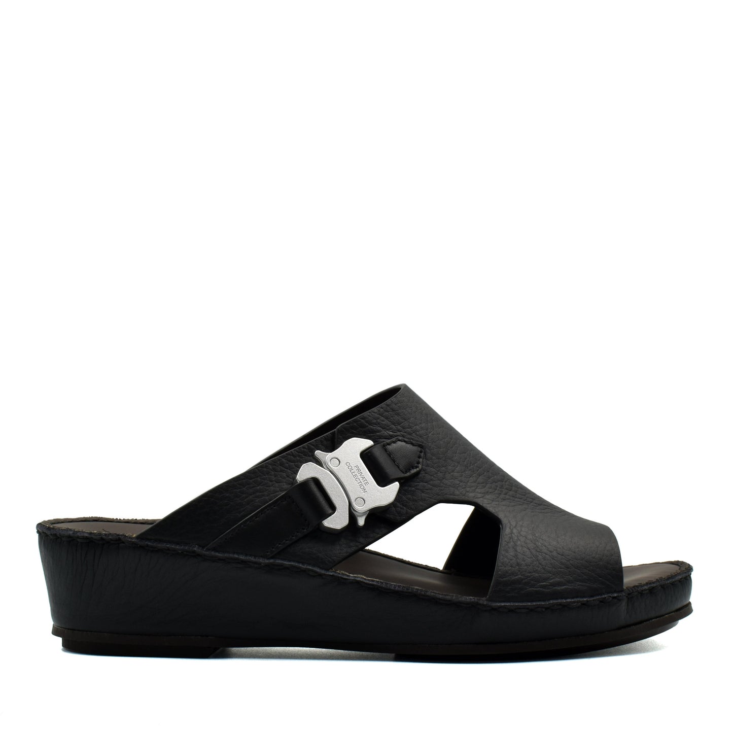 Black luxury leather sandals from Private Collection with silver buckle and comfortable wedge sole