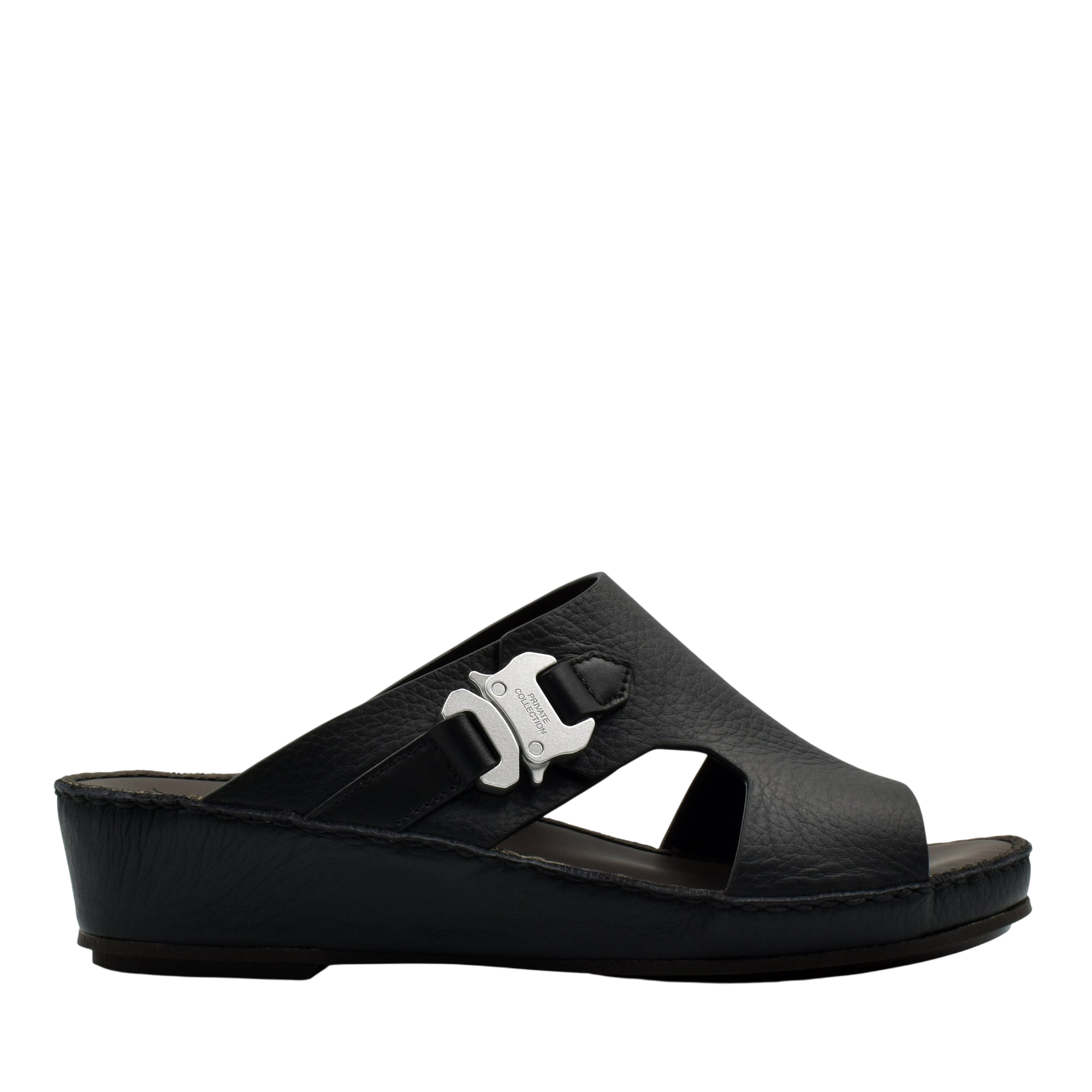 Black luxury leather sandals from Private Collection with silver buckle and comfortable wedge sole