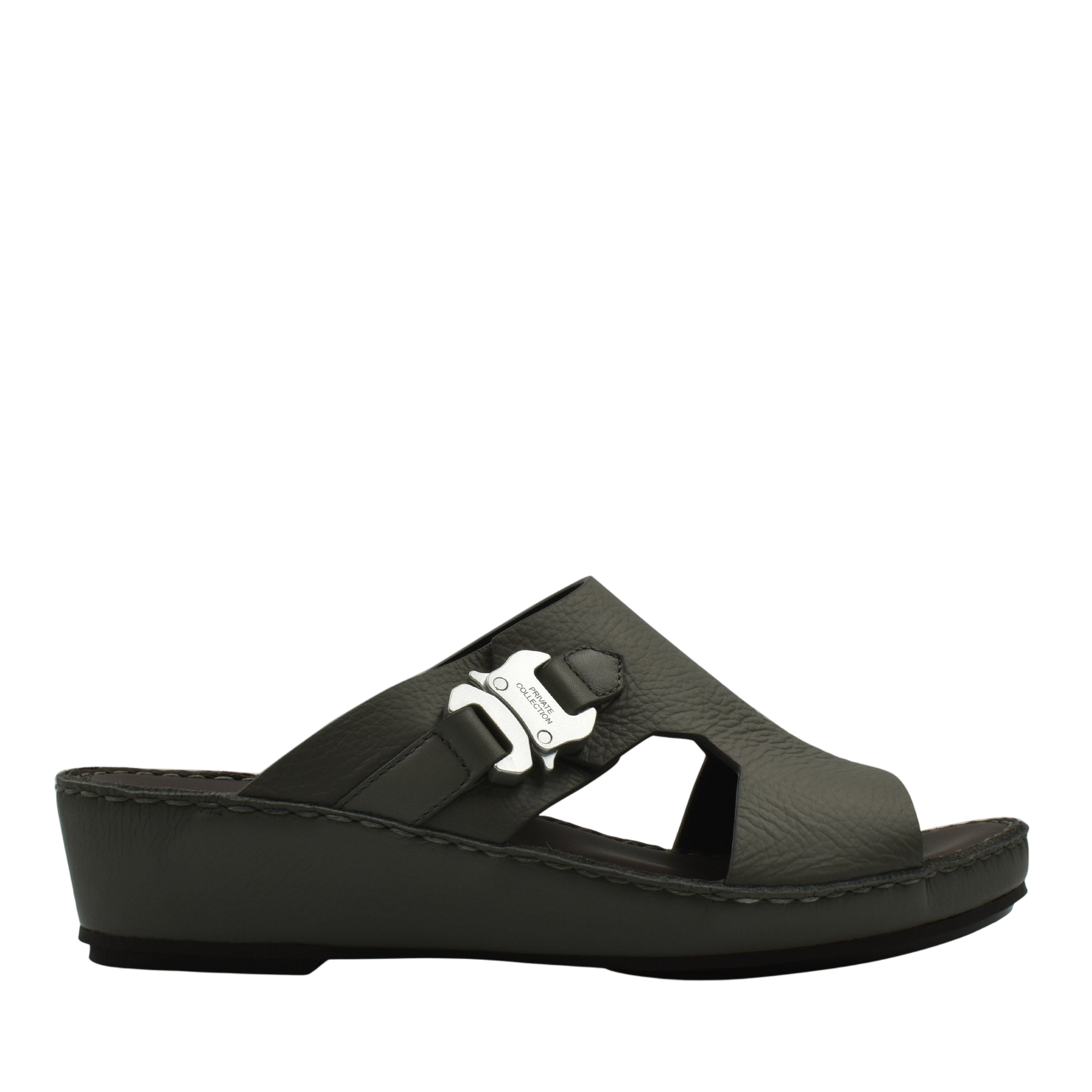 Private Collection black luxury leather sandals with buckle detail and wedge sole