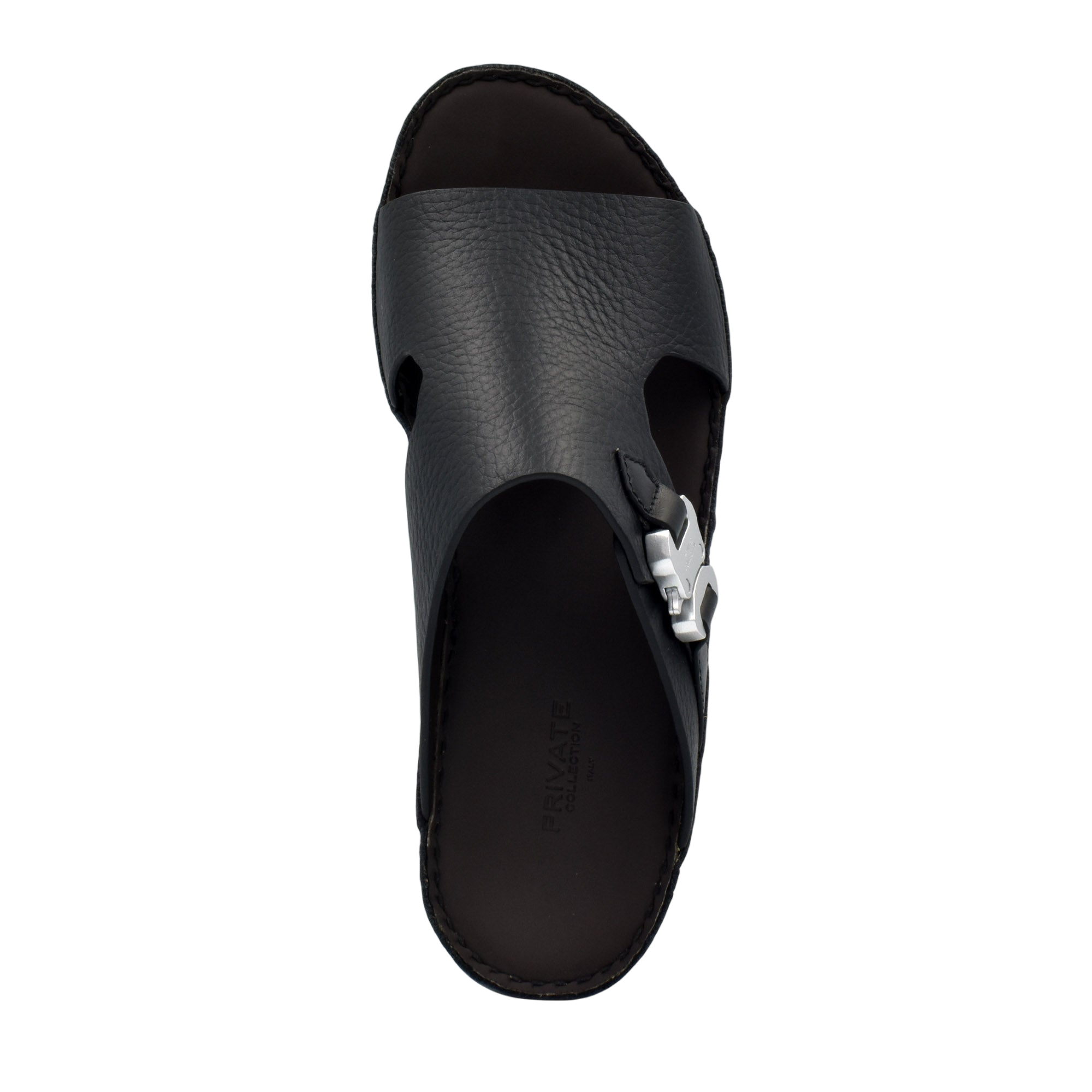 Black luxury leather sandals with textured upper and silver buckle detail by Private Collection