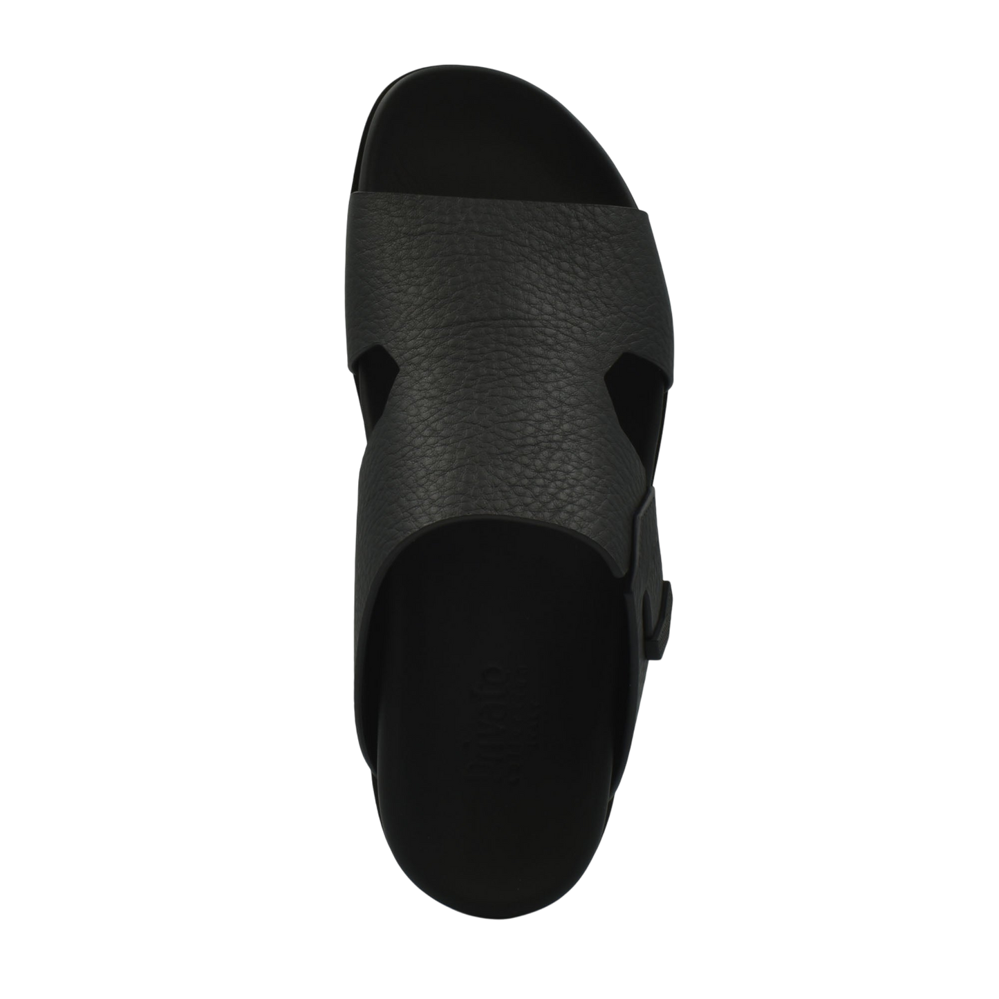 Top view of a black luxury leather sandals with textured wide strap and open toe design