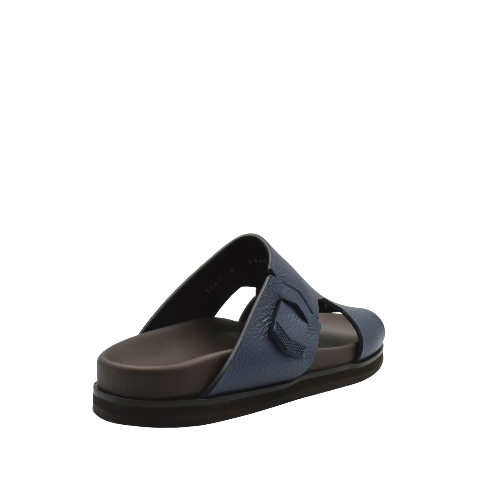 Single blue luxury leather sandals slide with cushioned sole and open toe design