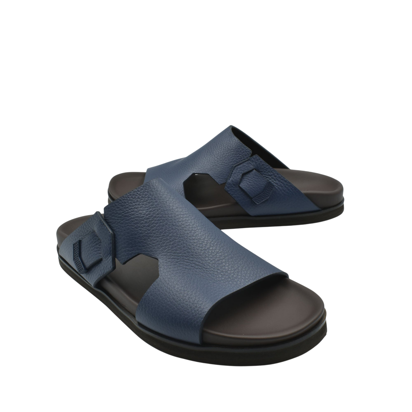 Blue luxury leather sandals with adjustable strap and cushioned black sole for comfortable wear