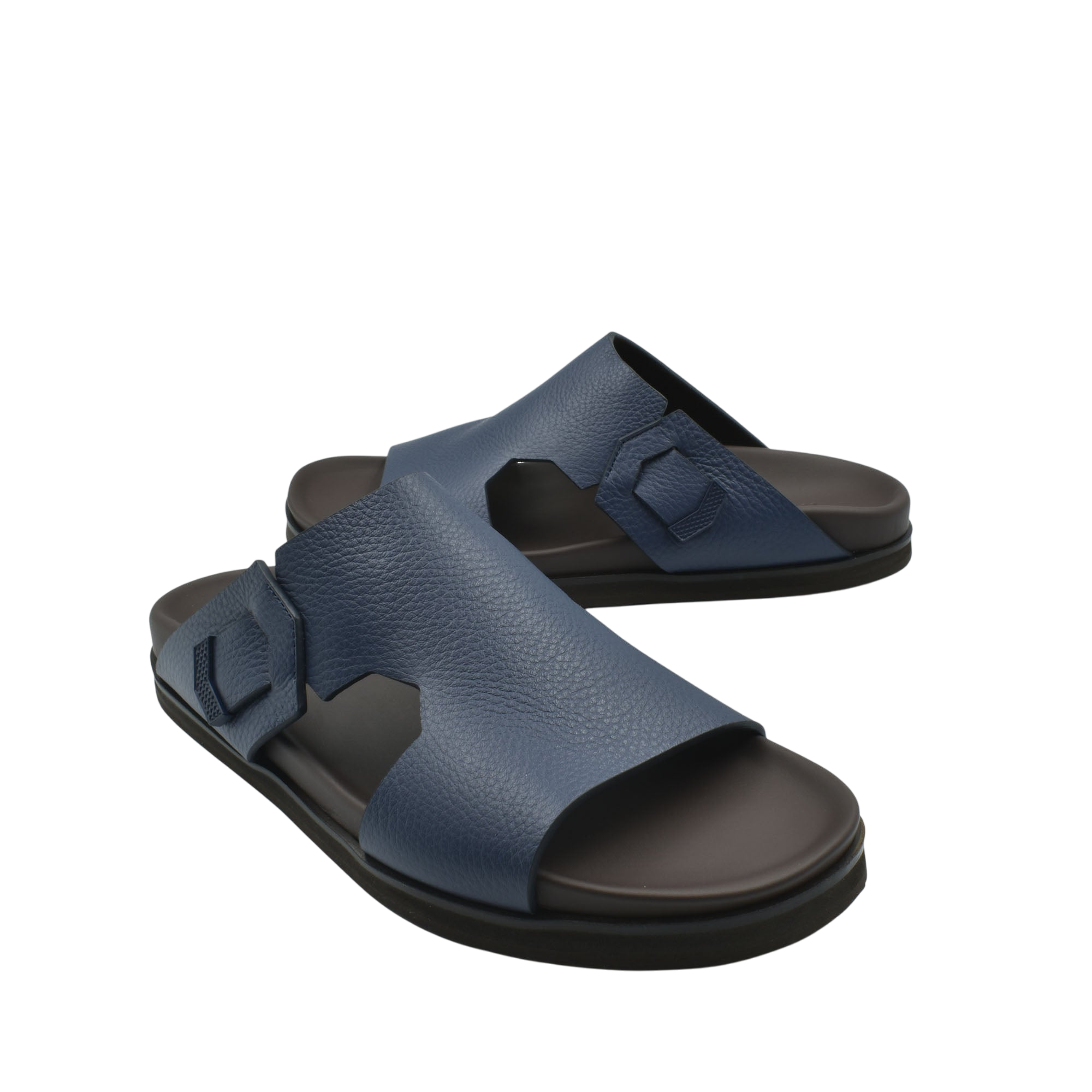 Blue luxury leather sandals with adjustable strap and cushioned black sole for comfortable wear