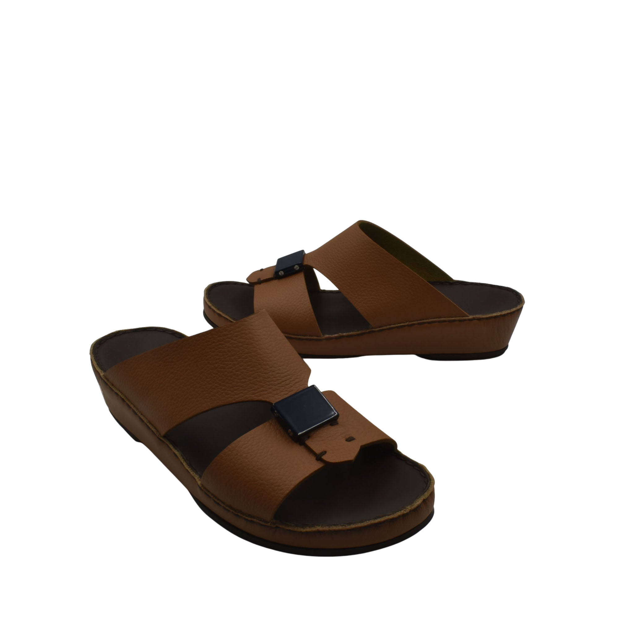 Brown luxury leather sandals with double straps and black buckle detail for comfort and style