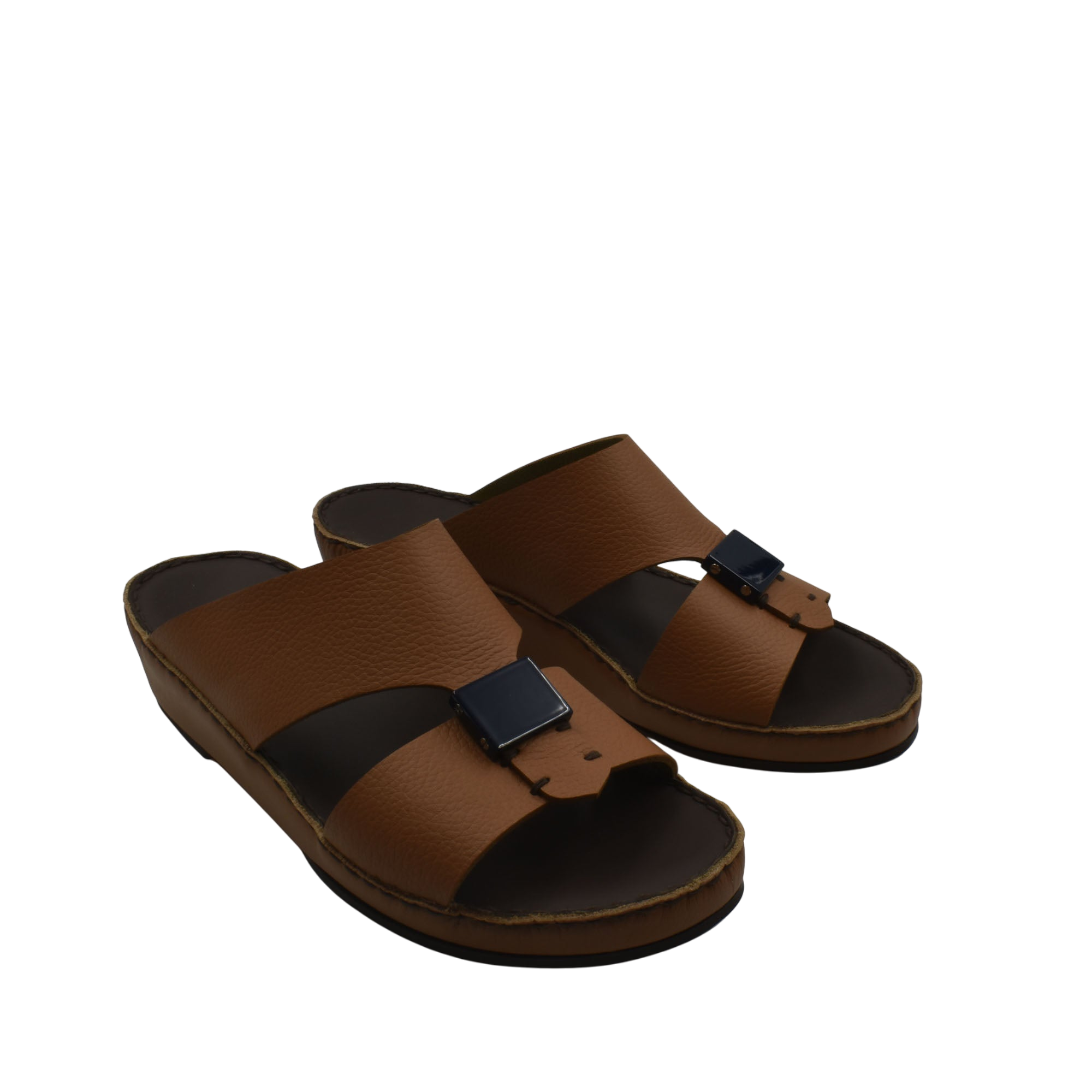 Brown luxury leather sandals with black buckle detail and cushioned sole from Private Collection