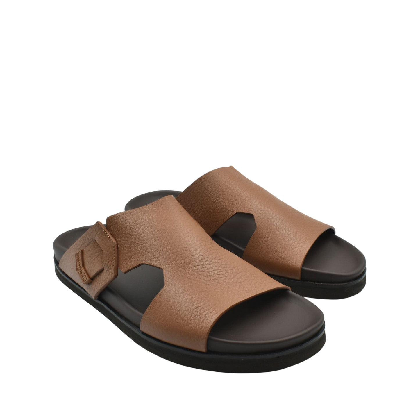 Brown luxury leather sandals with black sole and adjustable strap for comfortable wear