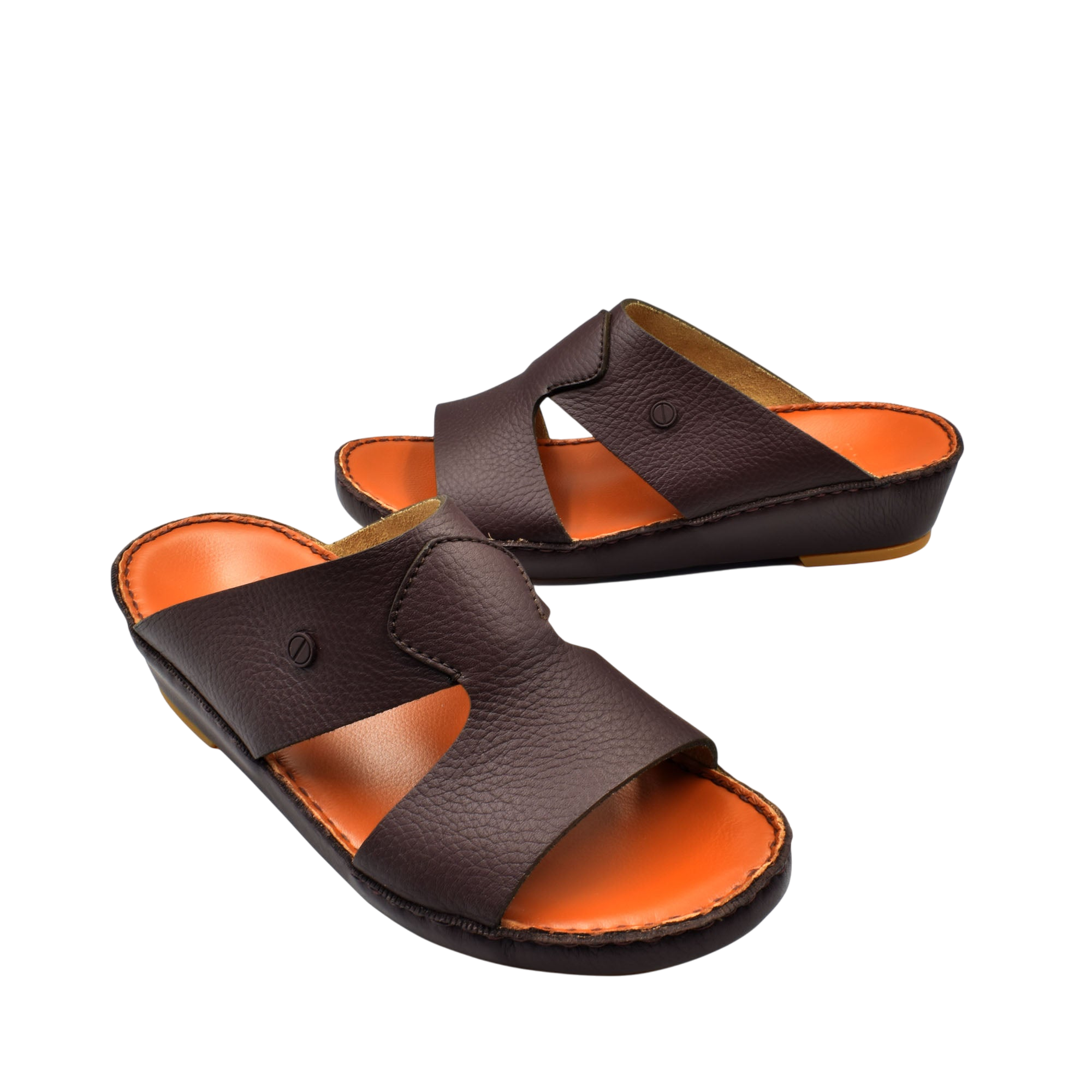 Private Collection luxury leather sandals in dark brown with orange cushioned footbed and open toe design