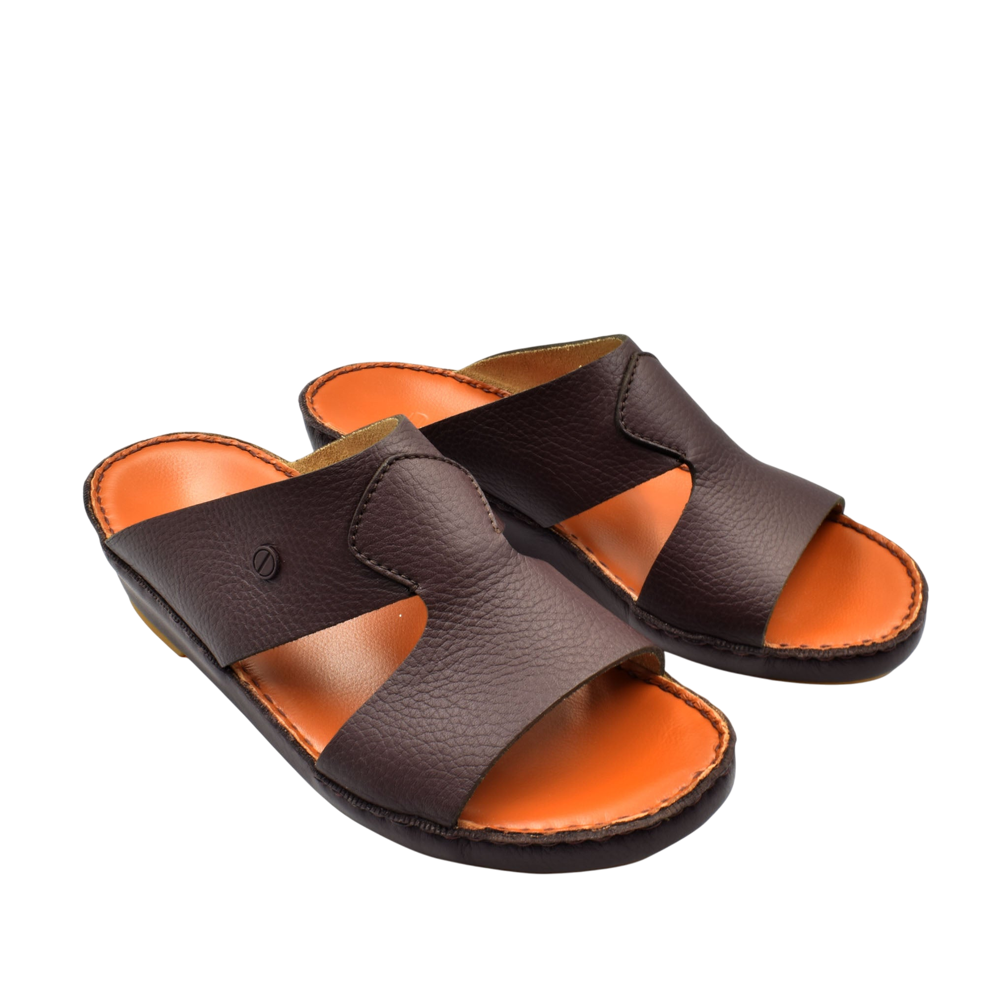 Private Collection luxury leather sandals in dark brown with comfortable orange footbed