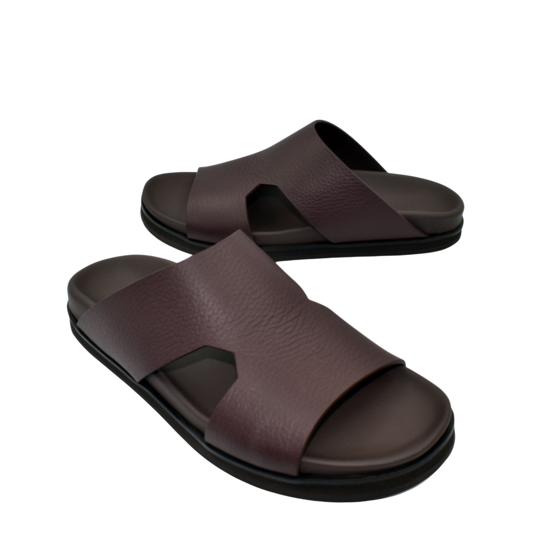 Private collection luxury leather sandals in dark brown with wide cross straps and cushioned sole