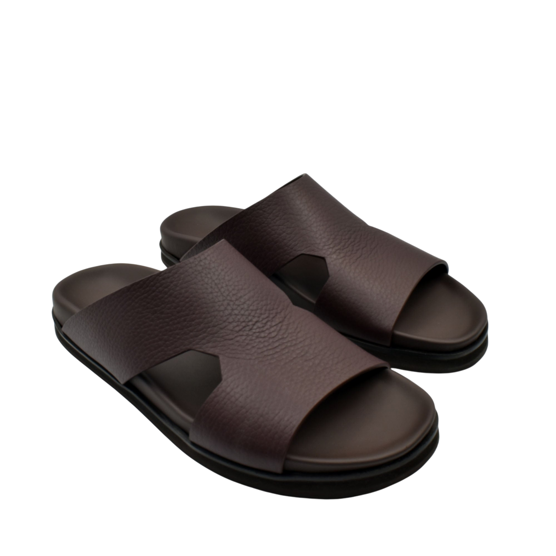 Brown luxury leather sandals with wide straps and cushioned soles for comfortable wear