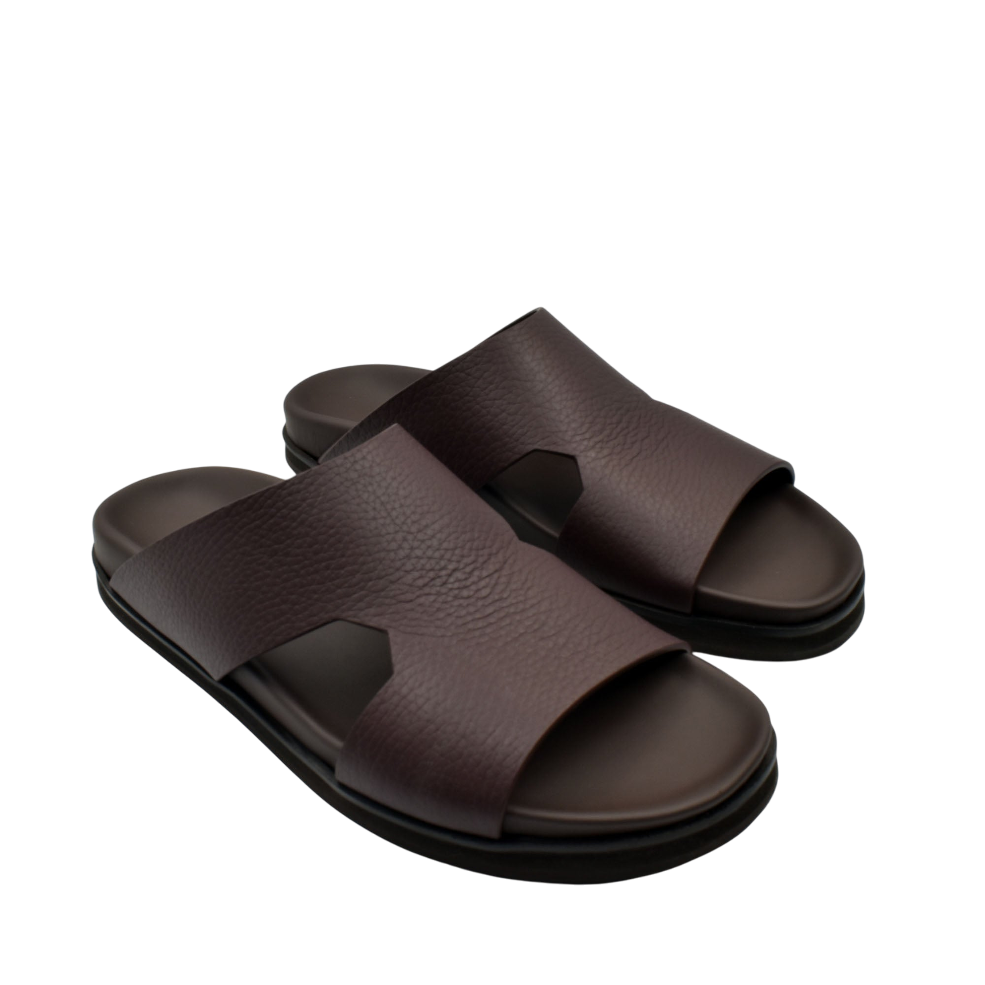 Brown luxury leather sandals with wide straps and cushioned soles for comfortable wear