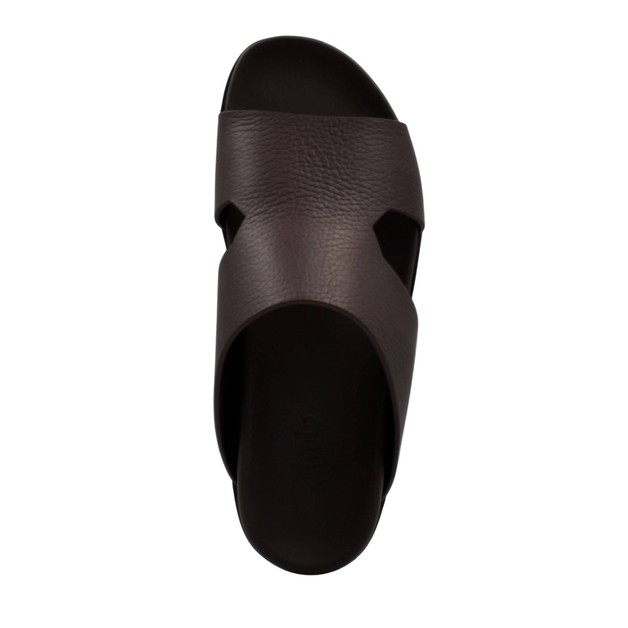 Top view of brown luxury leather sandals with cushioned sole and wide strap design