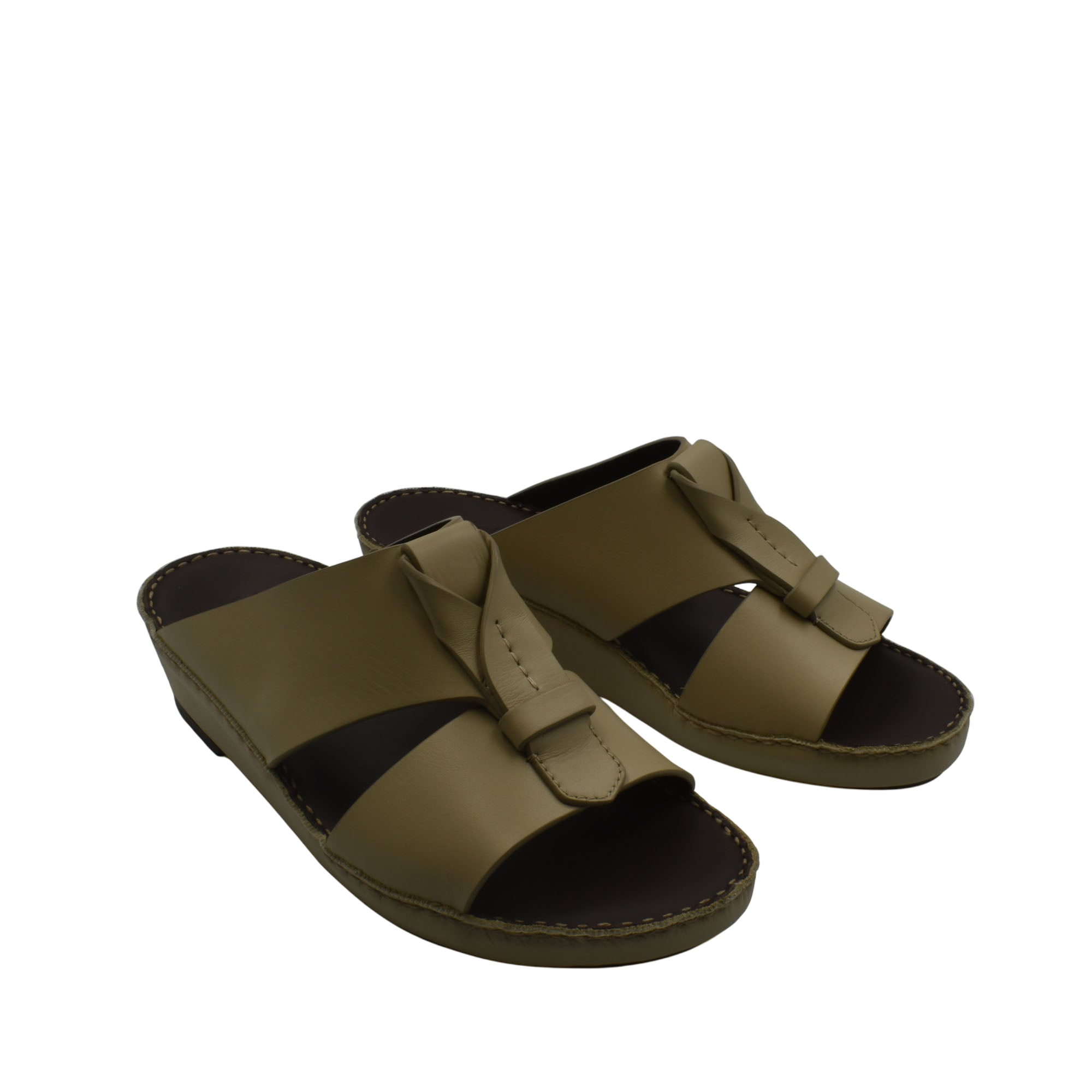 Pair of olive green luxury leather sandals with open toe design and roomy straps