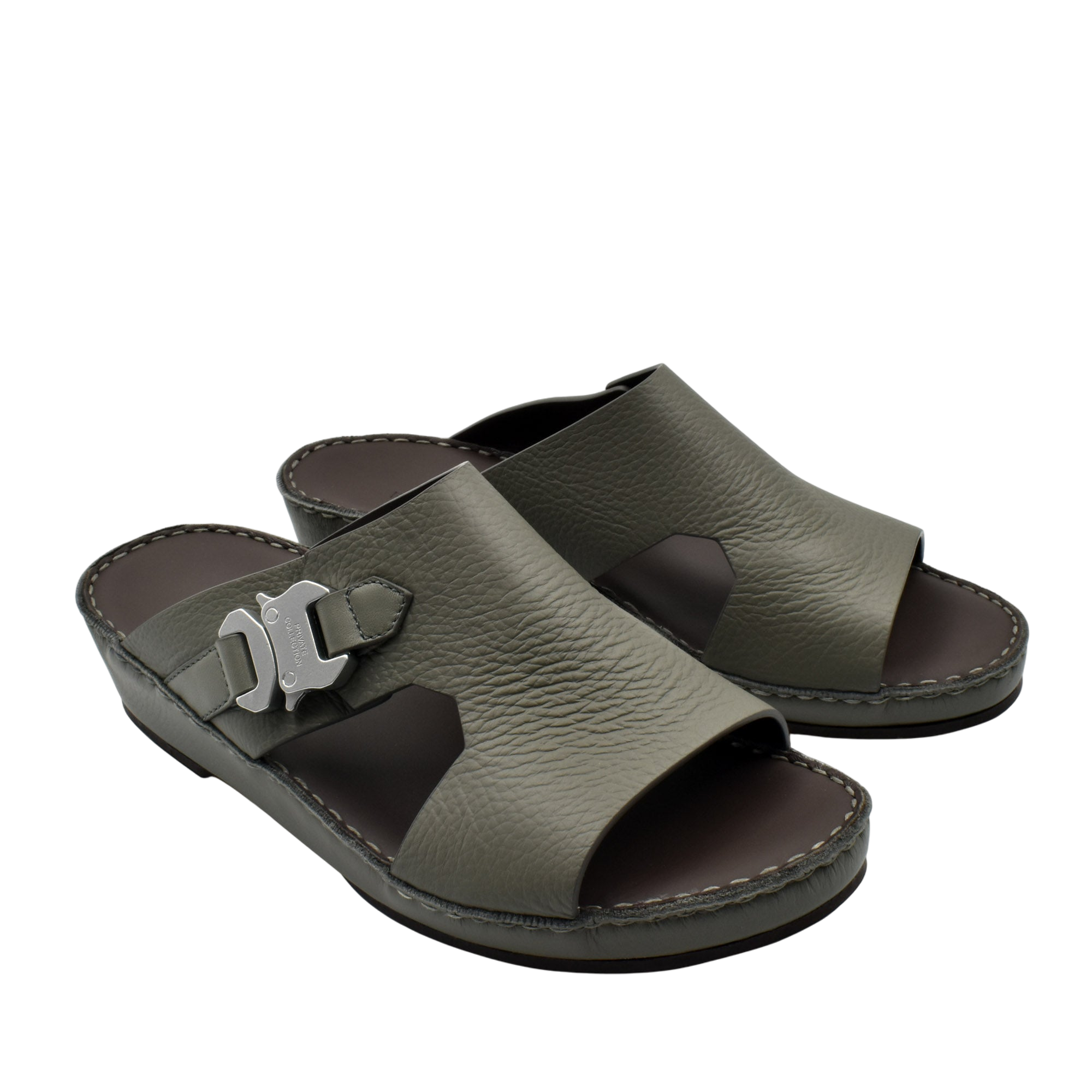 Private Collection luxury leather sandals in dark olive with open toe and adjustable buckle strap