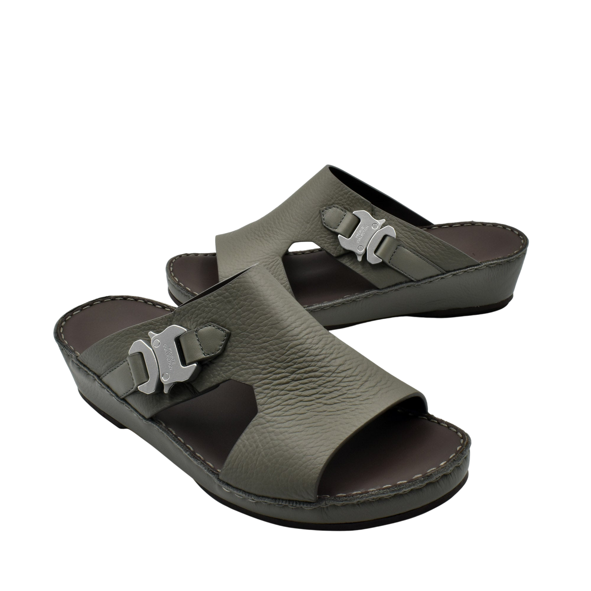 Private Collection gray luxury leather sandals with open toe and metal buckle detail