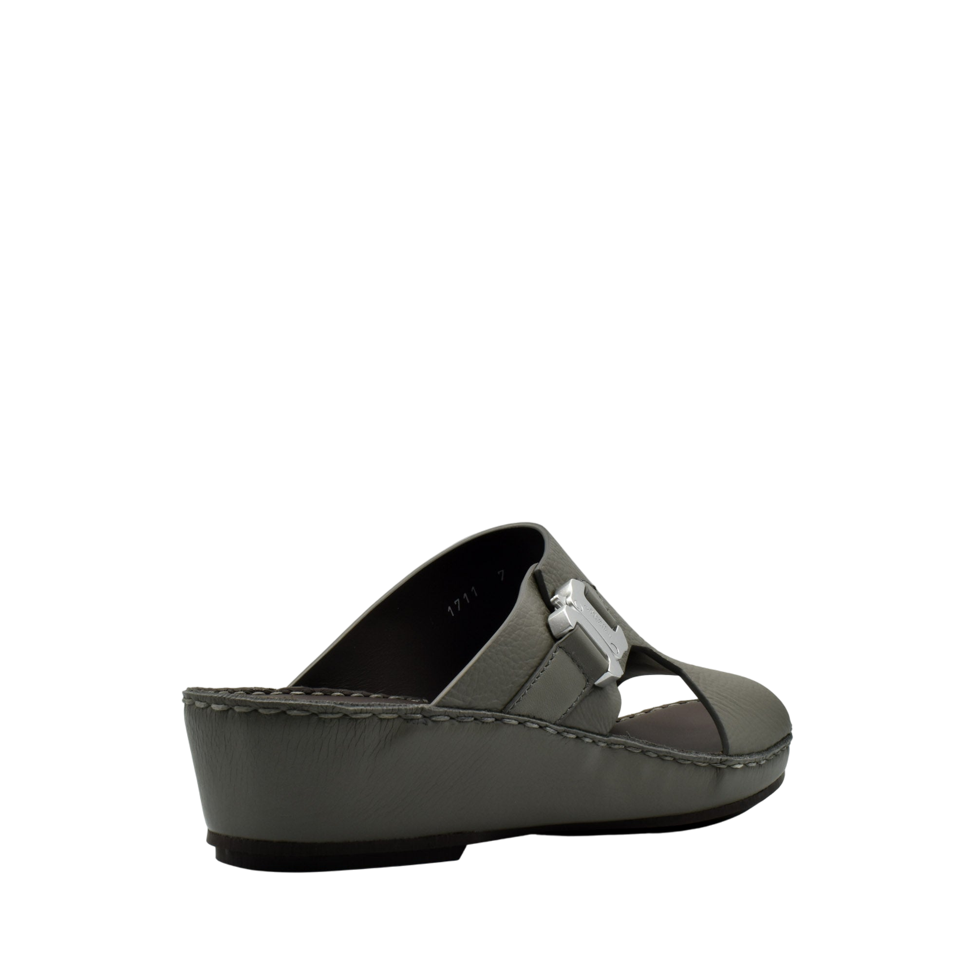 Gray wedge luxury leather sandals with silver buckle detail from Private Collection