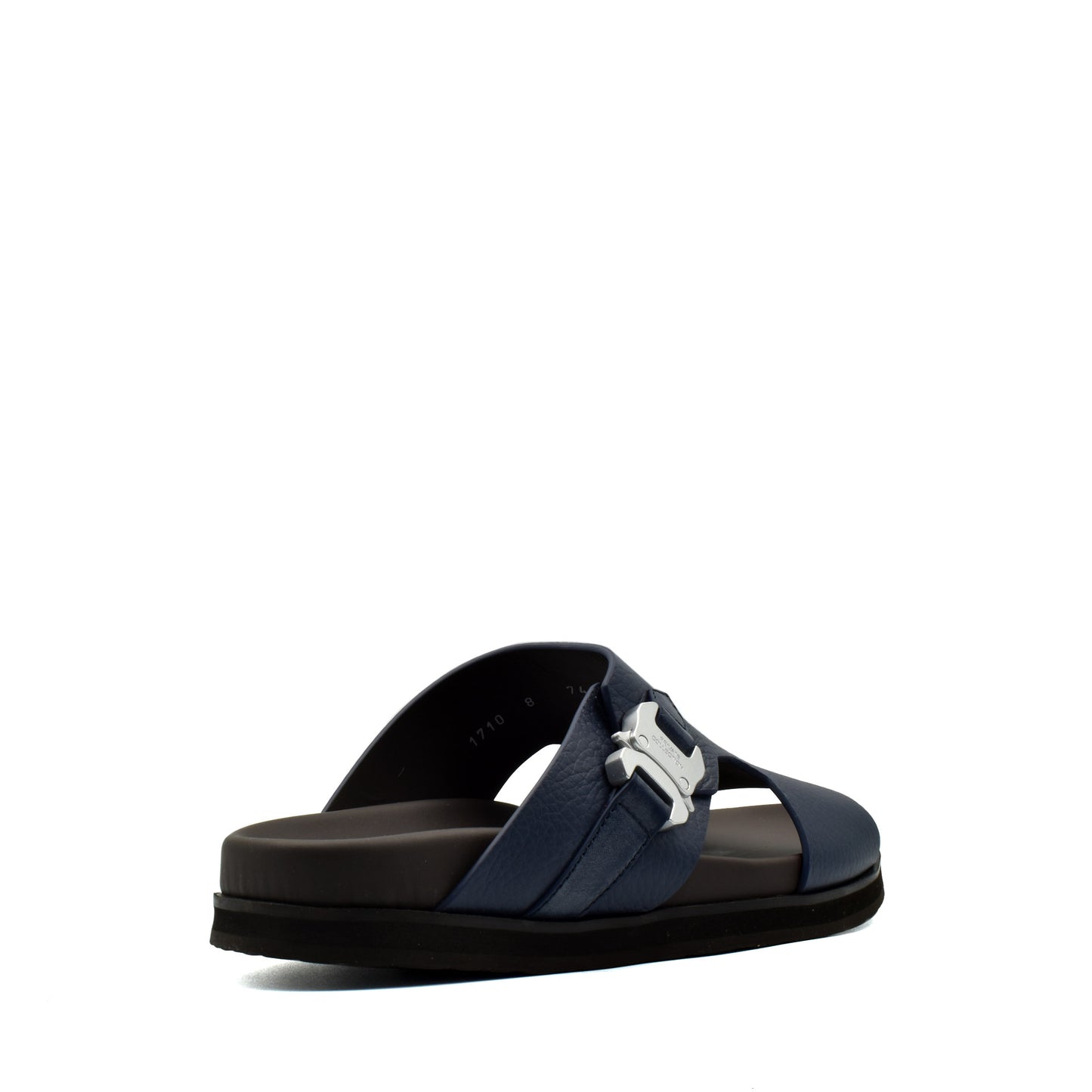 Blue luxury leather sandals with silver buckle and cushioned sole from Private Collection