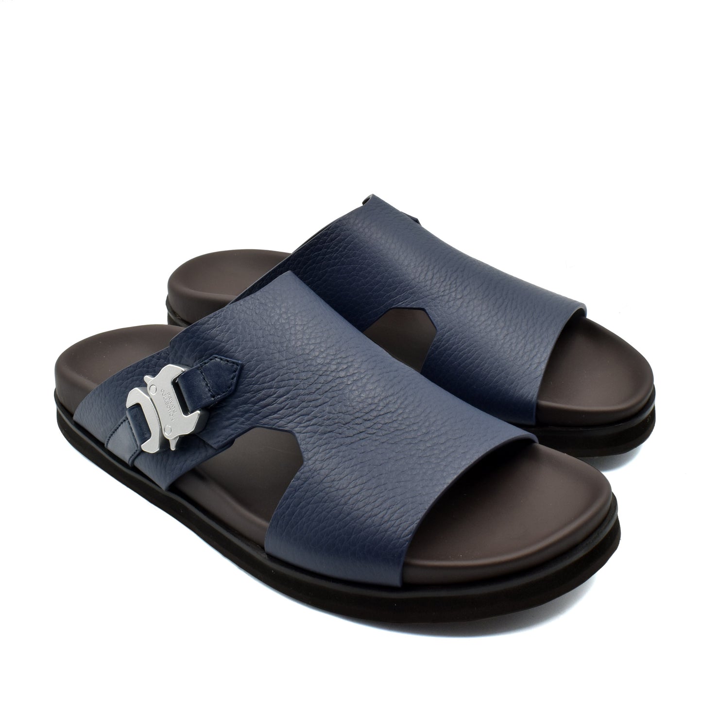 Private Collection navy blue luxury leather sandals with adjustable buckle and cushioned sole