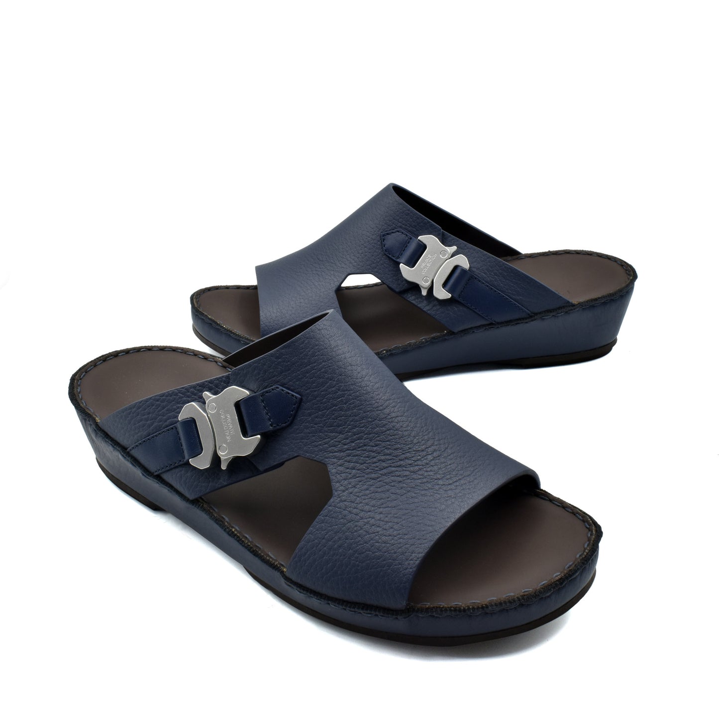 Private Collection luxury leather sandals in navy blue with silver buckle and open toe design