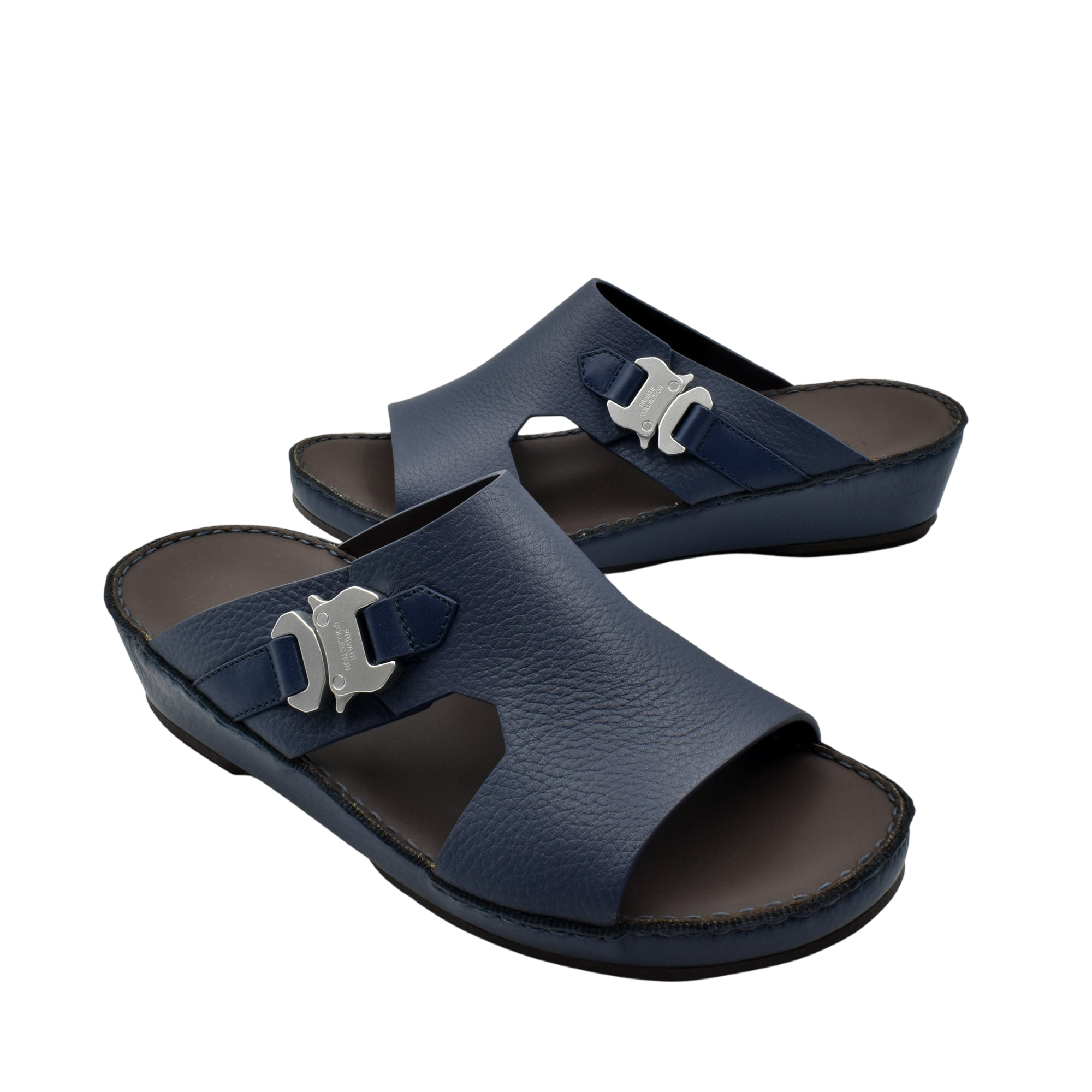 Private Collection luxury leather sandals in navy blue with silver buckle and open toe design