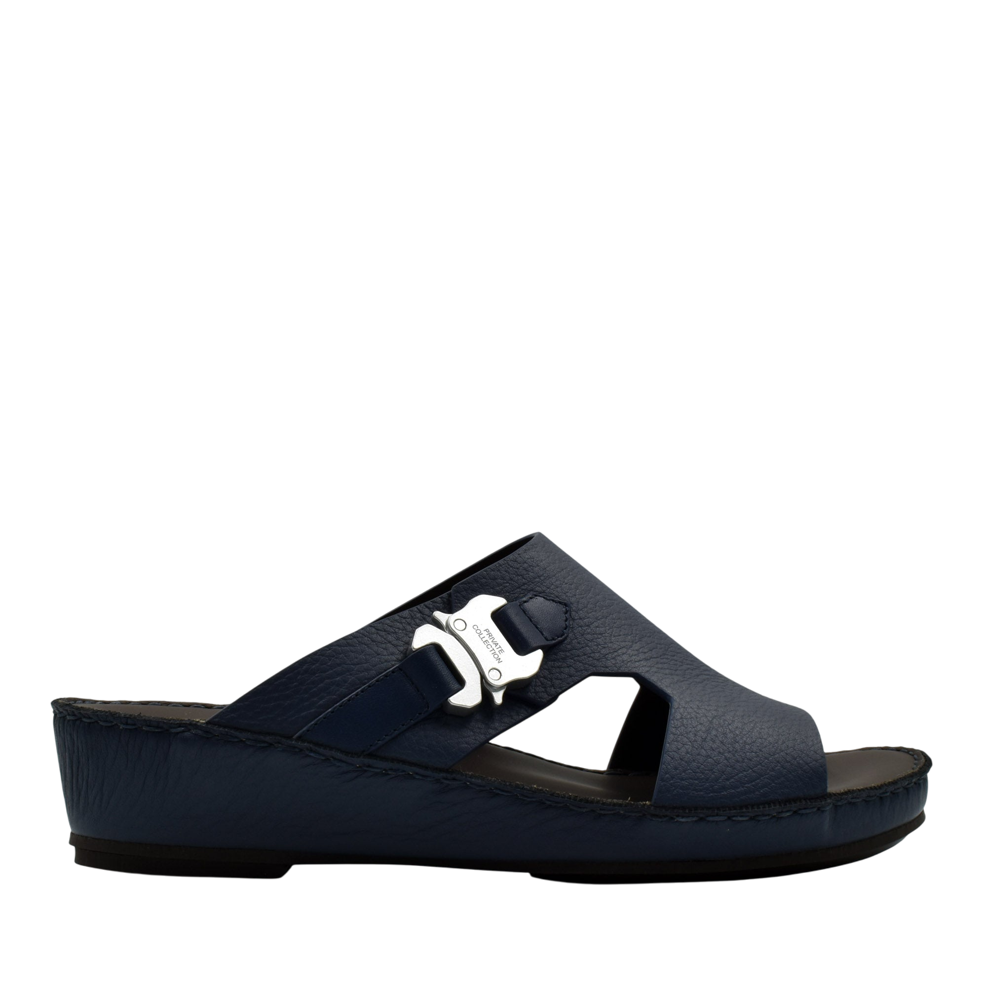 Private Collection navy blue luxury leather sandals with silver buckle and comfortable wedge sole