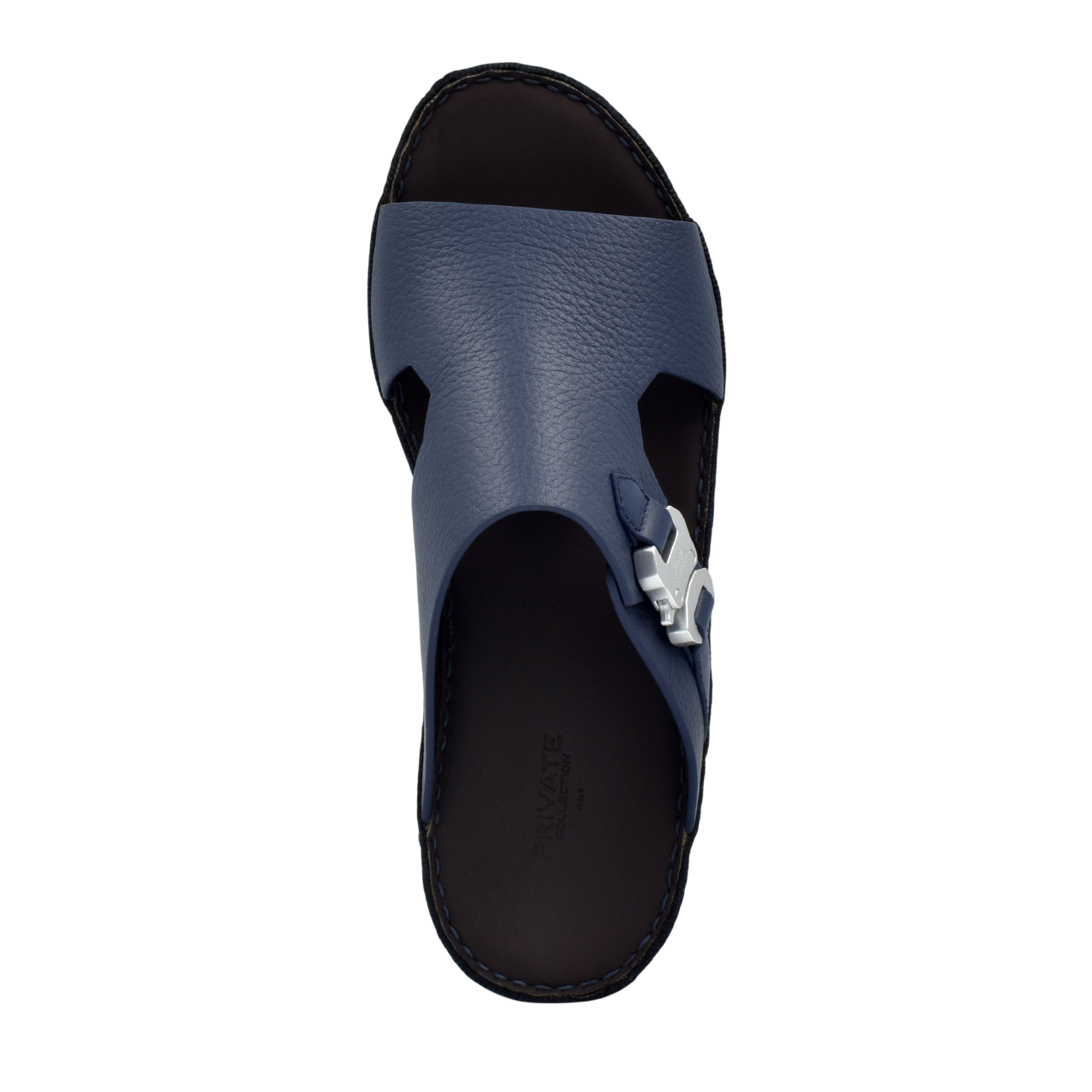 Private Collection navy blue luxury leather sandals with open toe and silver buckle detail