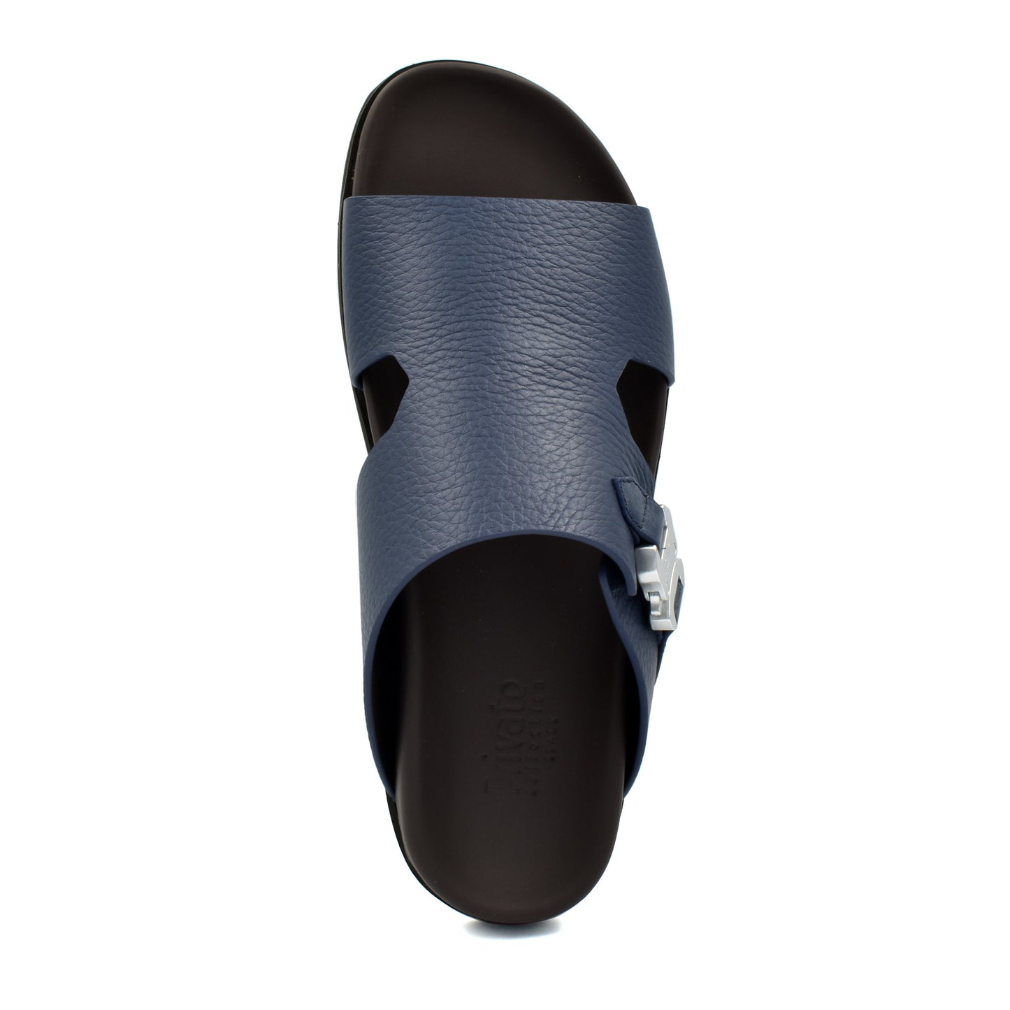 Private Collection luxury leather sandals in navy blue with adjustable buckle strap and black sole