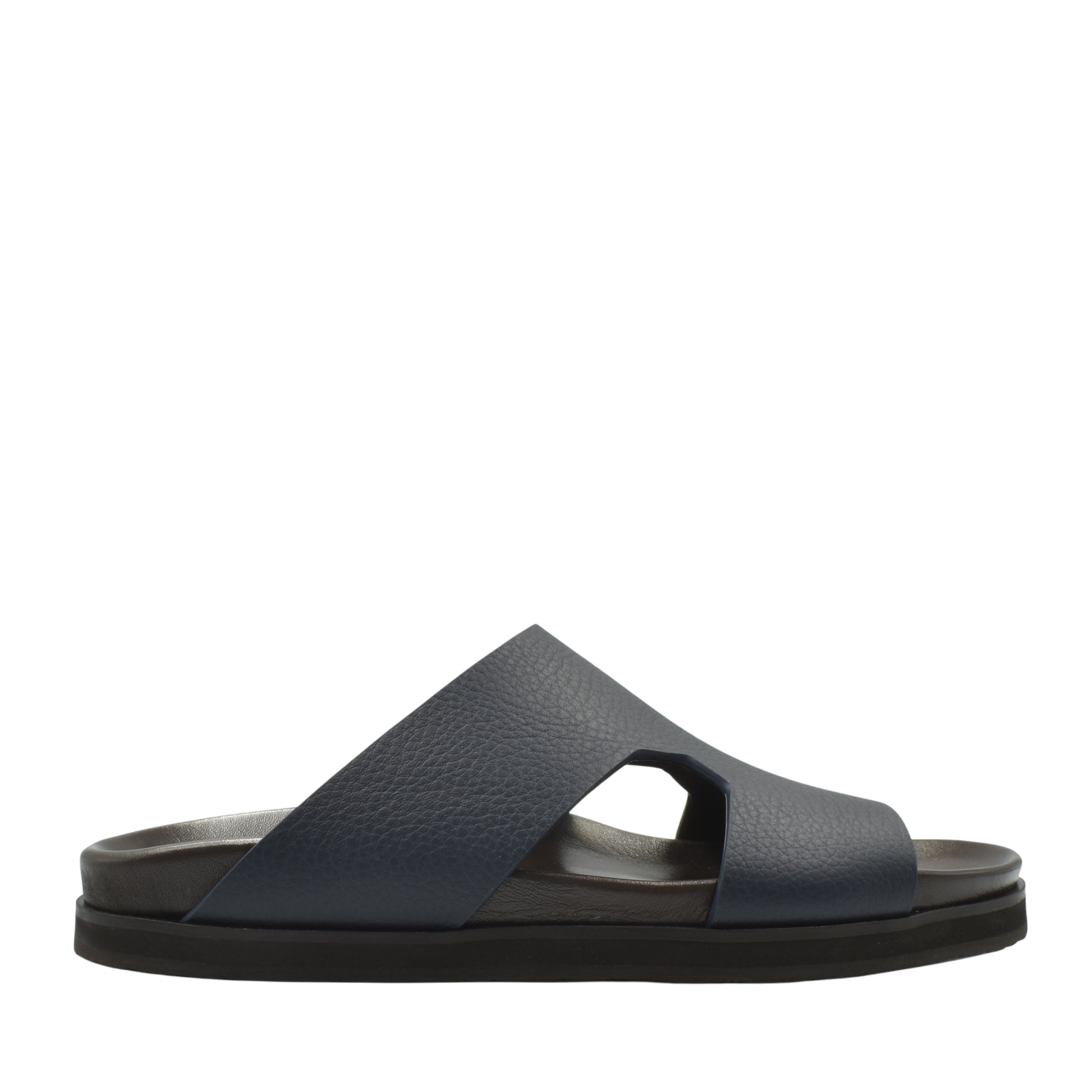 Side view of navy blue luxury leather sandals with wide cross straps and cushioned sole